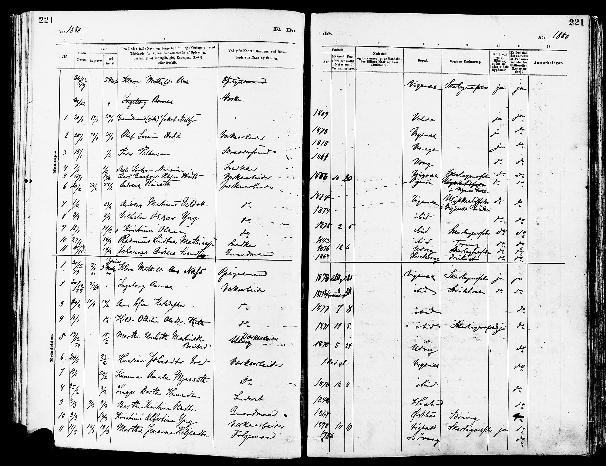 Avaldsnes sokneprestkontor, SAST/A -101851/H/Ha/Haa/L0015: Parish register (official) no. A 15, 1880-1906, p. 221