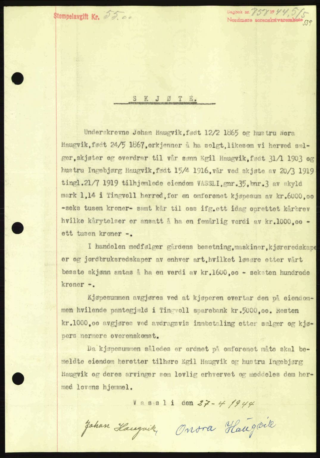 Nordmøre sorenskriveri, AV/SAT-A-4132/1/2/2Ca: Mortgage book no. A97, 1944-1944, Diary no: : 757/1944