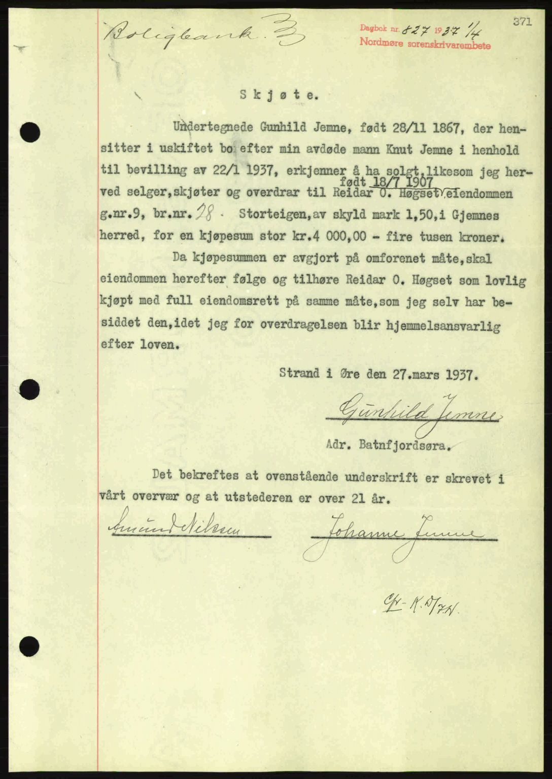 Nordmøre sorenskriveri, AV/SAT-A-4132/1/2/2Ca: Mortgage book no. A81, 1937-1937, Diary no: : 827/1937