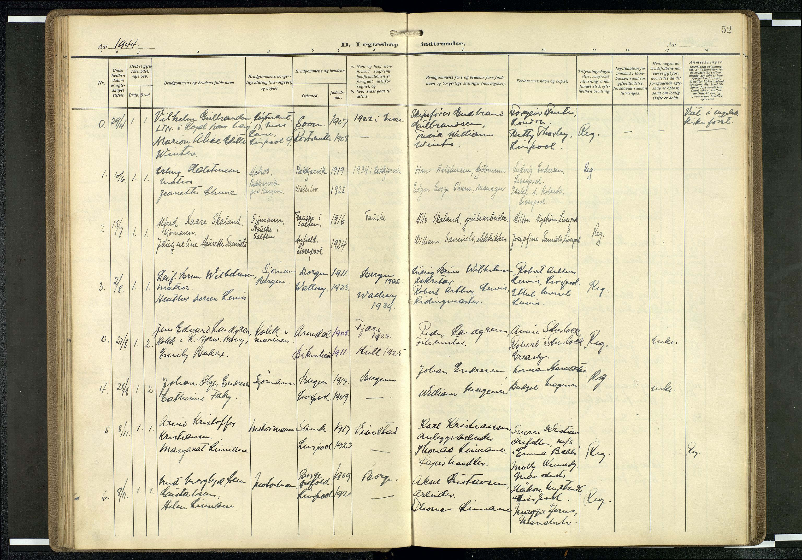 Den norske sjømannsmisjon i utlandet/Mersey-havnene (Liverpool), SAB/SAB/PA-0104/H/Ha/L0001: Parish register (official) no. A 1, 1919-1954, p. 51b-52a