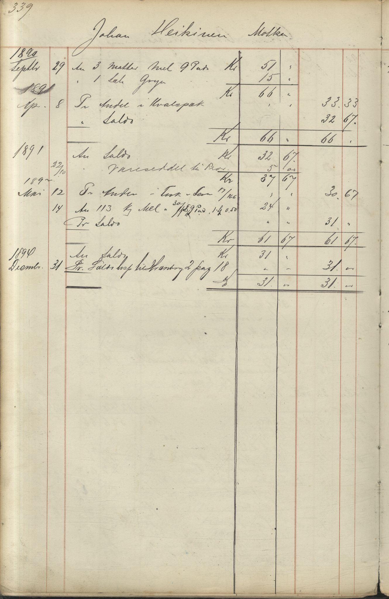 Brodtkorb handel A/S, VAMU/A-0001/F/Fc/L0001/0001: Konto for kvener og nordmenn på Kolahalvøya  / Conto for Kvæner og Nordmænd paa Russefinmarken No 1, 1868-1894, p. 339