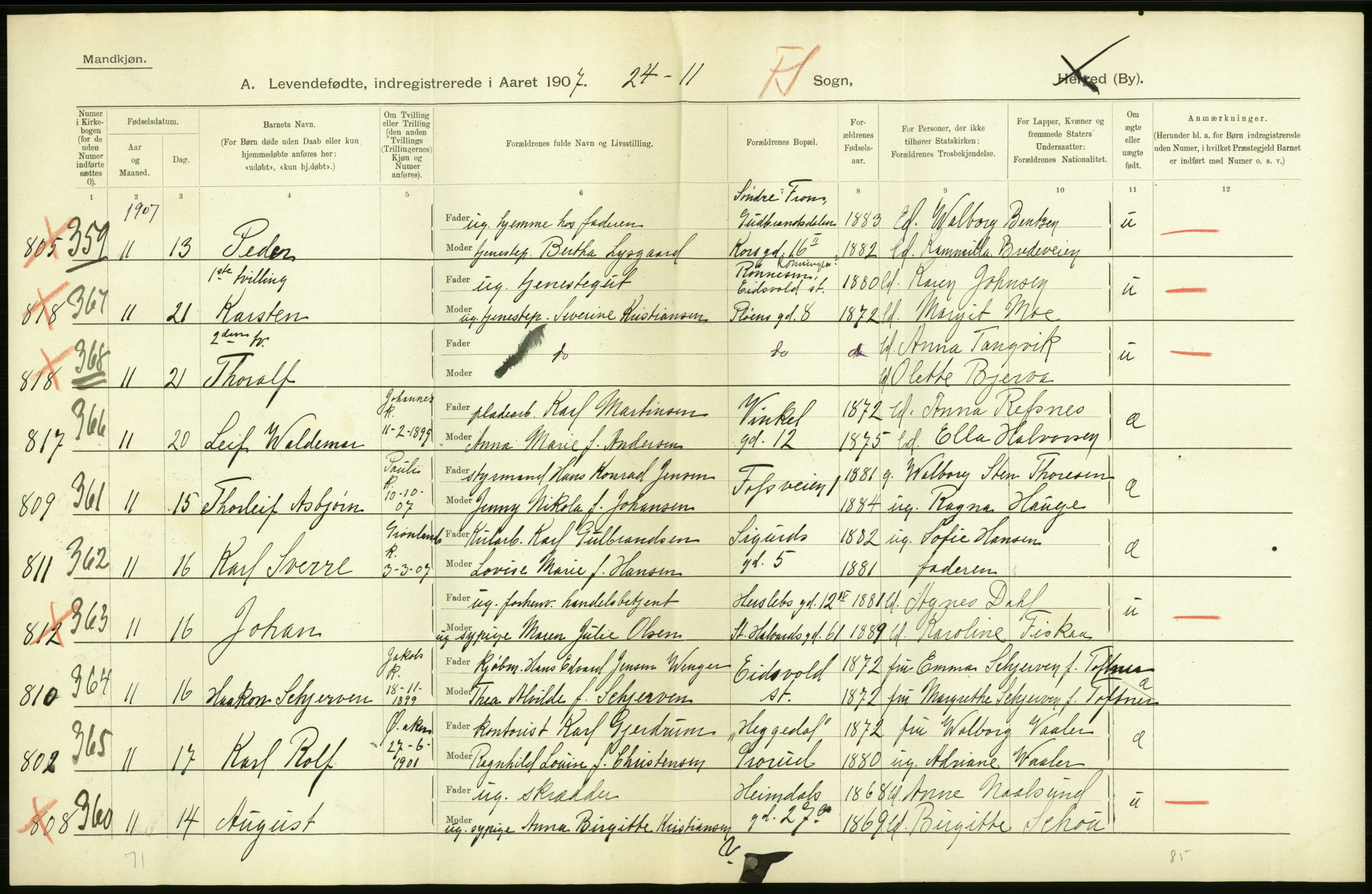 Statistisk sentralbyrå, Sosiodemografiske emner, Befolkning, AV/RA-S-2228/D/Df/Dfa/Dfae/L0007: Kristiania: Levendefødte menn og kvinner., 1907, p. 16