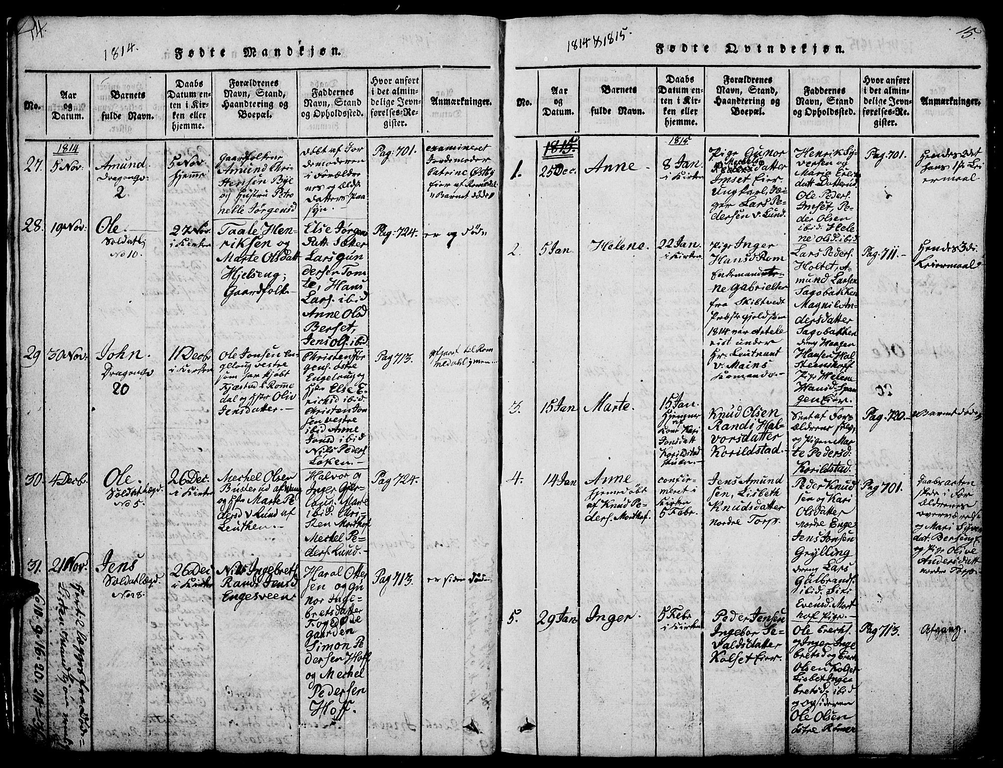 Løten prestekontor, AV/SAH-PREST-022/L/La/L0001: Parish register (copy) no. 1, 1812-1832, p. 14-15