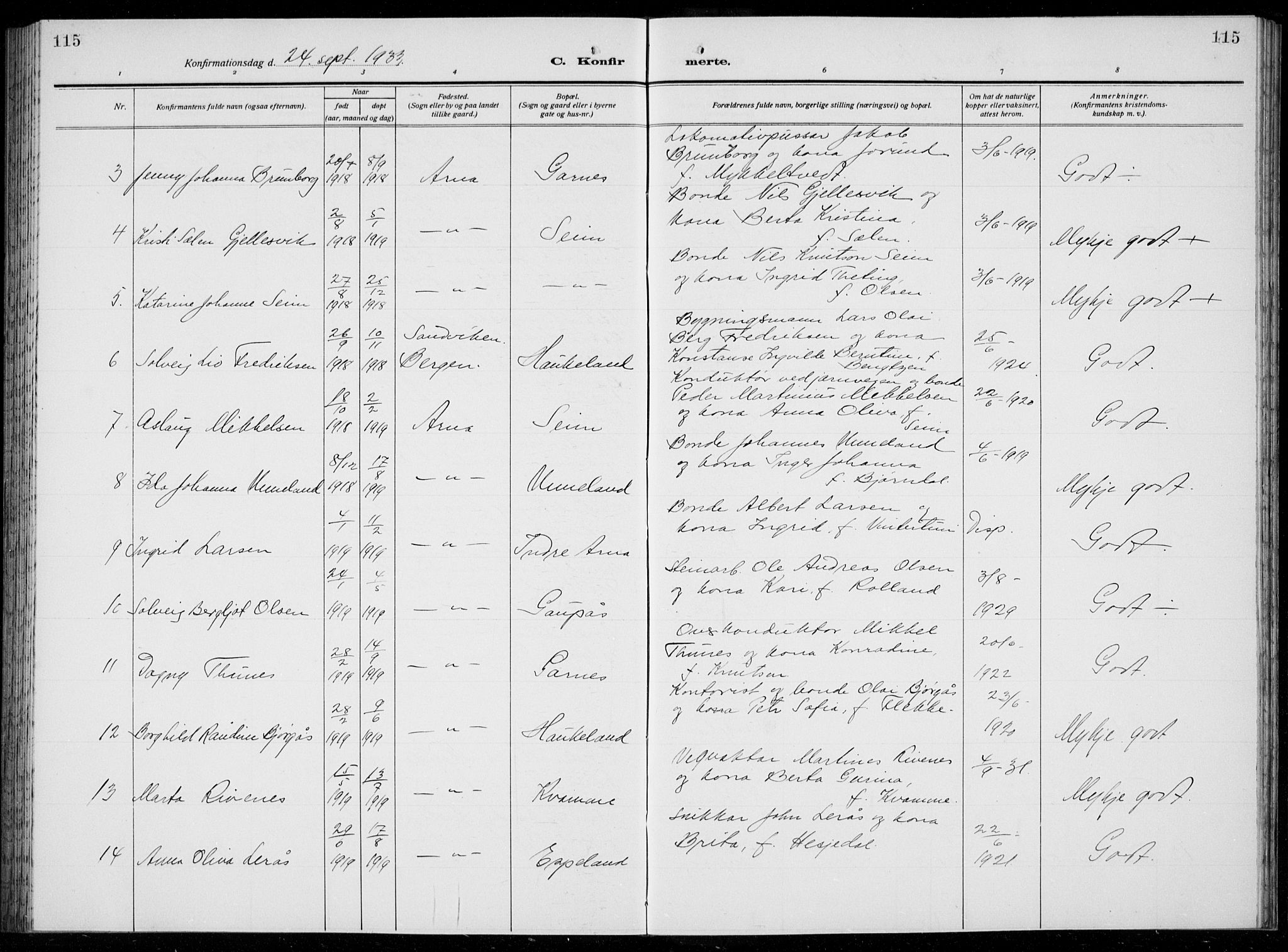 Arna sokneprestembete, AV/SAB-A-74001/H/Ha/Hab: Parish register (copy) no. A  6, 1922-1936, p. 115