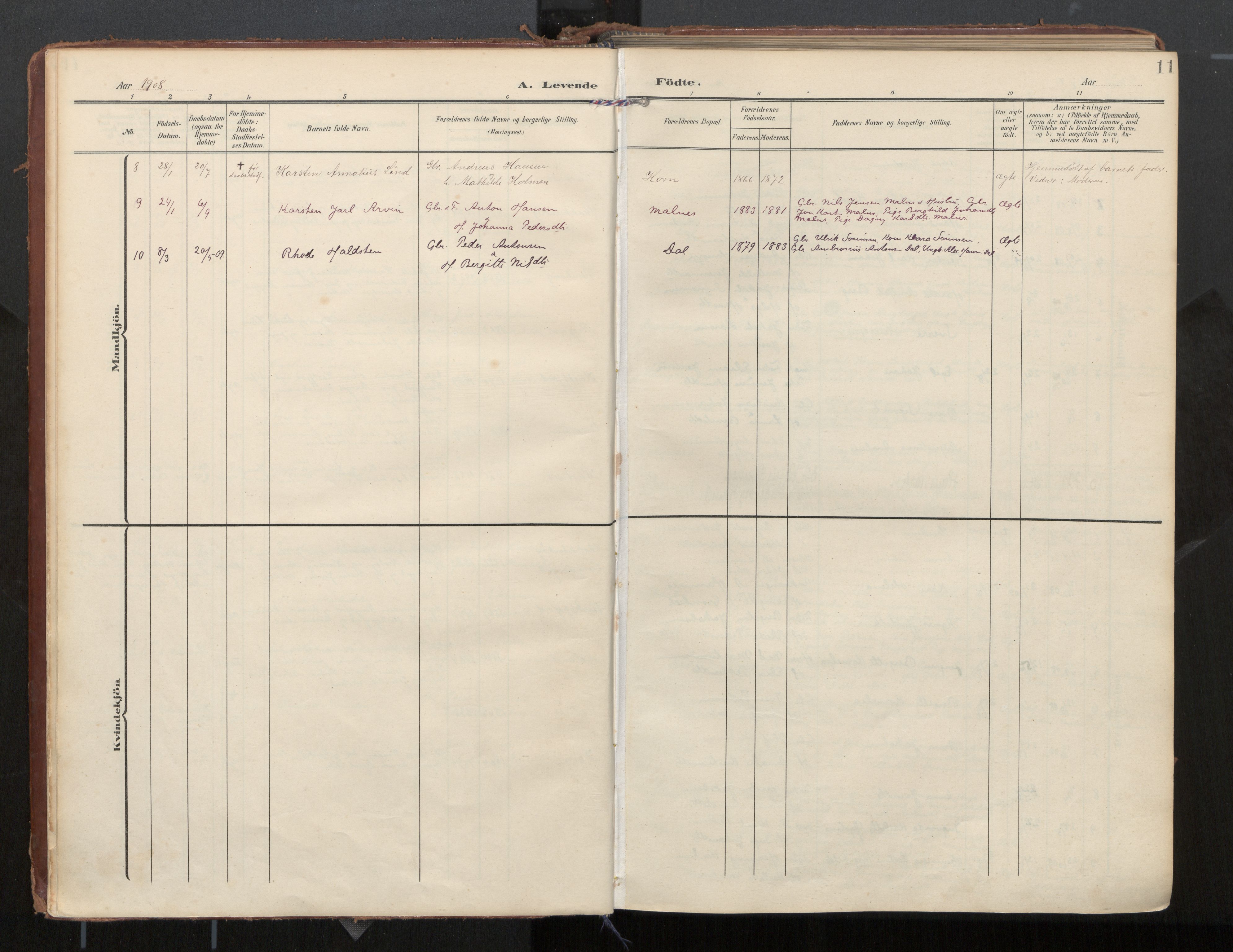 Ministerialprotokoller, klokkerbøker og fødselsregistre - Nordland, AV/SAT-A-1459/884/L1194: Parish register (official) no. 884A02, 1906-1937, p. 11