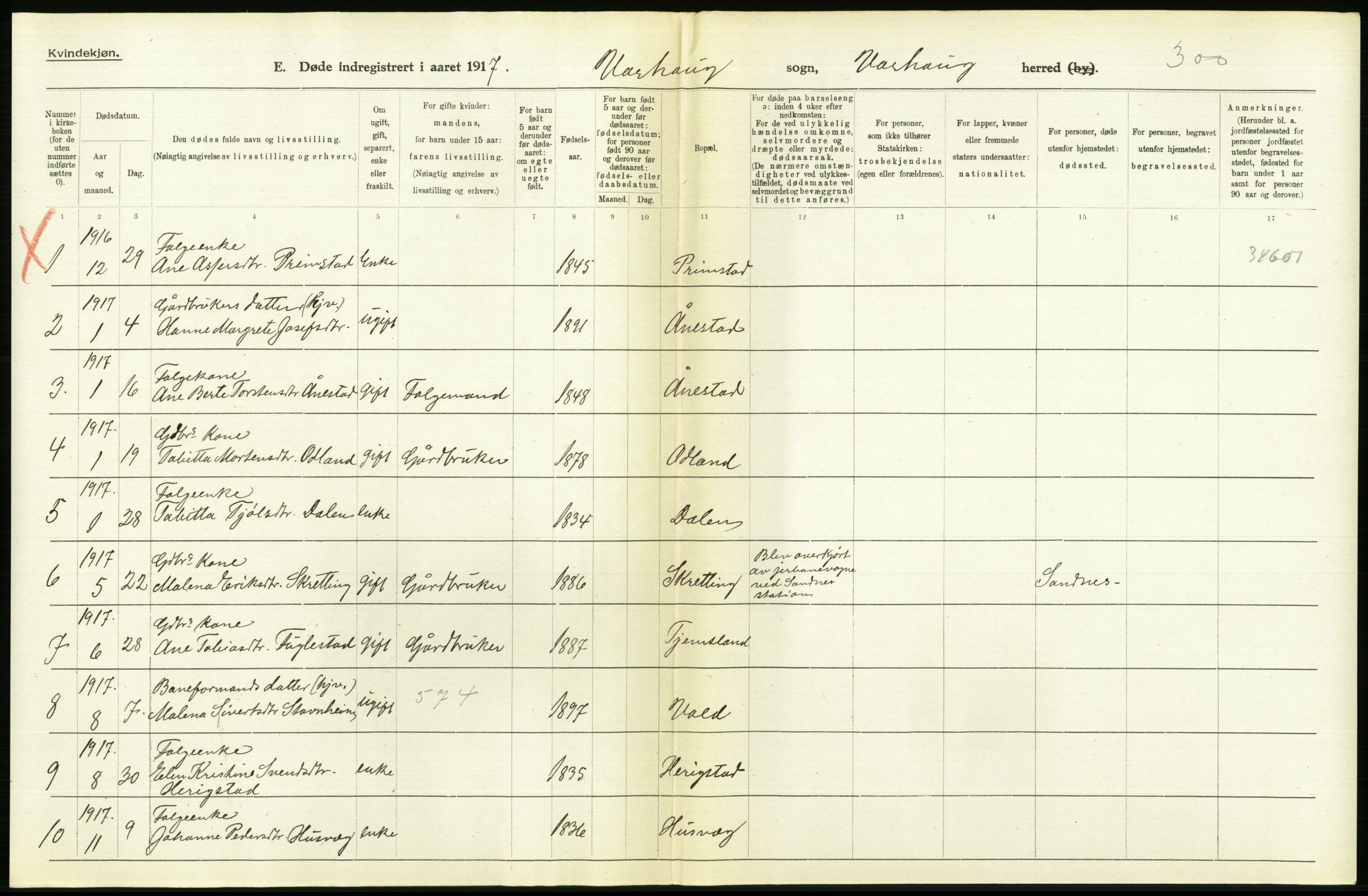 Statistisk sentralbyrå, Sosiodemografiske emner, Befolkning, RA/S-2228/D/Df/Dfb/Dfbg/L0033: Stavanger amt: Døde, dødfødte. Bygder og byer., 1917, p. 194