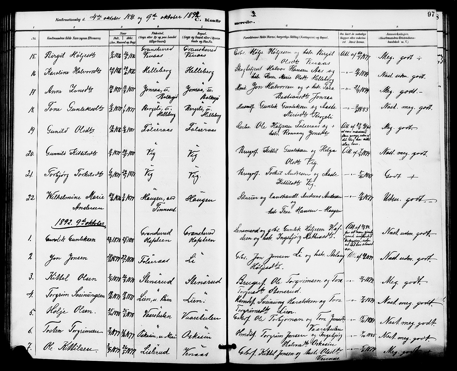 Gransherad kirkebøker, SAKO/A-267/G/Ga/L0003: Parish register (copy) no. I 3, 1887-1915, p. 97