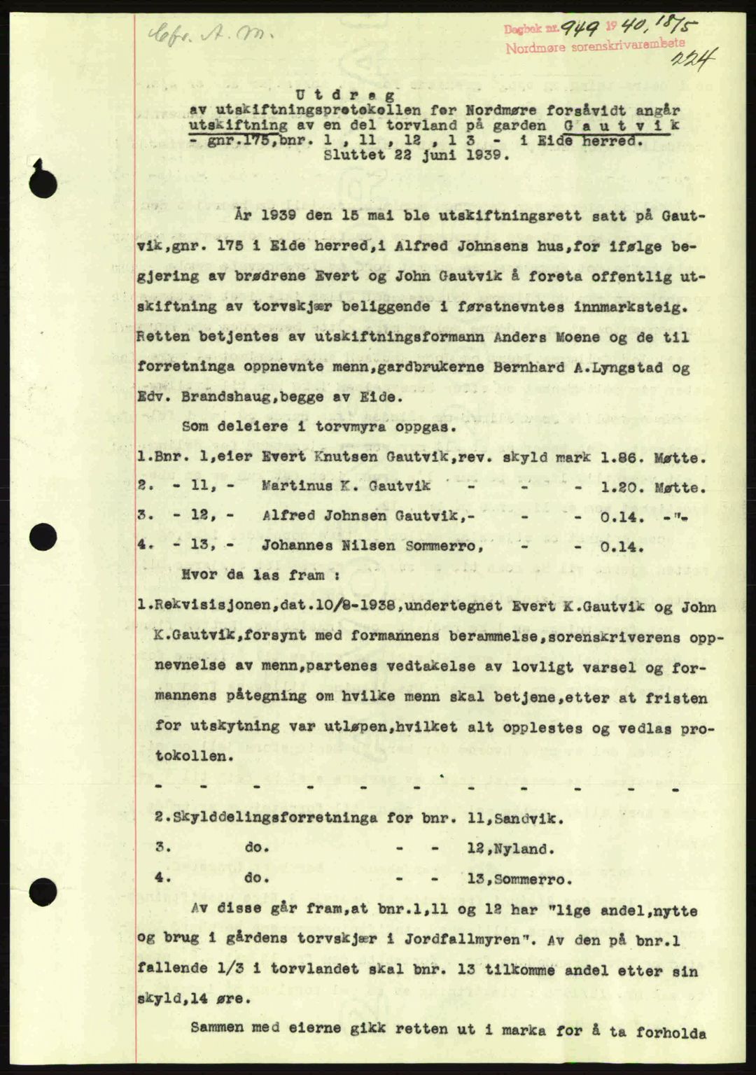 Nordmøre sorenskriveri, AV/SAT-A-4132/1/2/2Ca: Mortgage book no. A88, 1940-1940, Diary no: : 949/1940