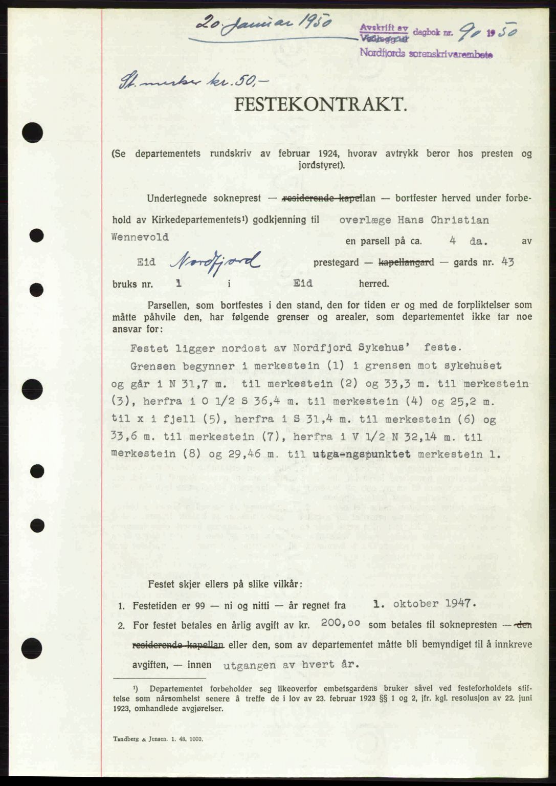 Nordfjord sorenskriveri, SAB/A-2801/02/02b/02bj/L0016a: Mortgage book no. A16 I, 1949-1950, Diary no: : 90/1950