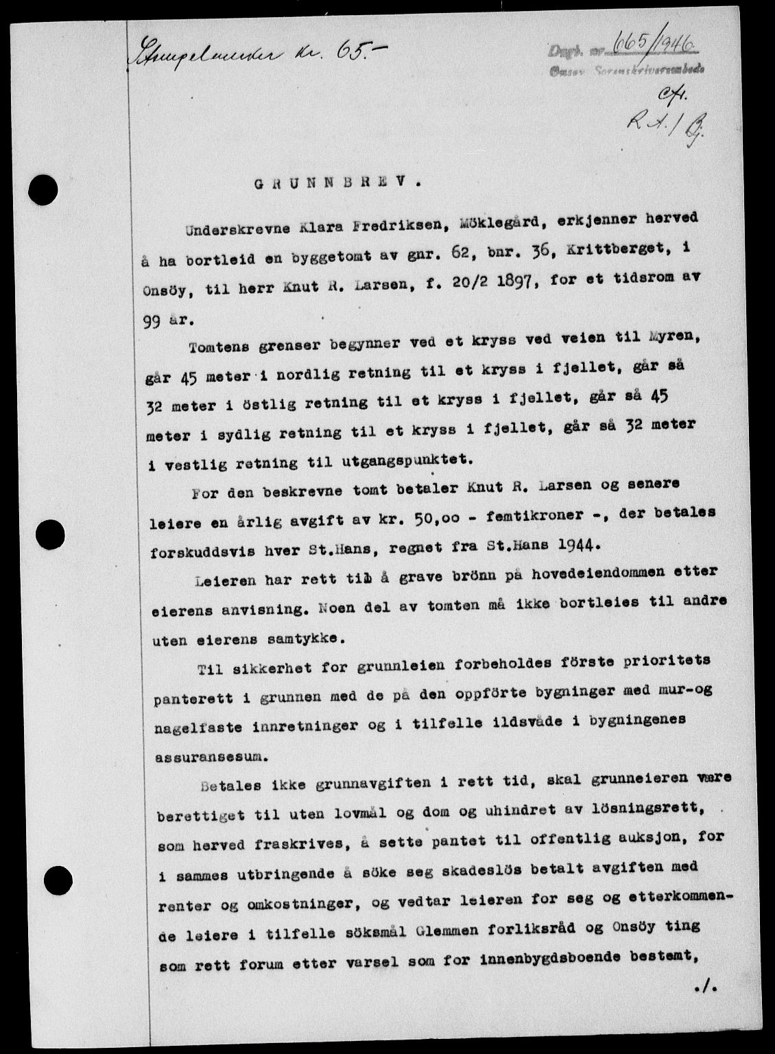 Onsøy sorenskriveri, SAO/A-10474/G/Ga/Gab/L0015: Mortgage book no. II A-15, 1945-1946, Diary no: : 665/1946