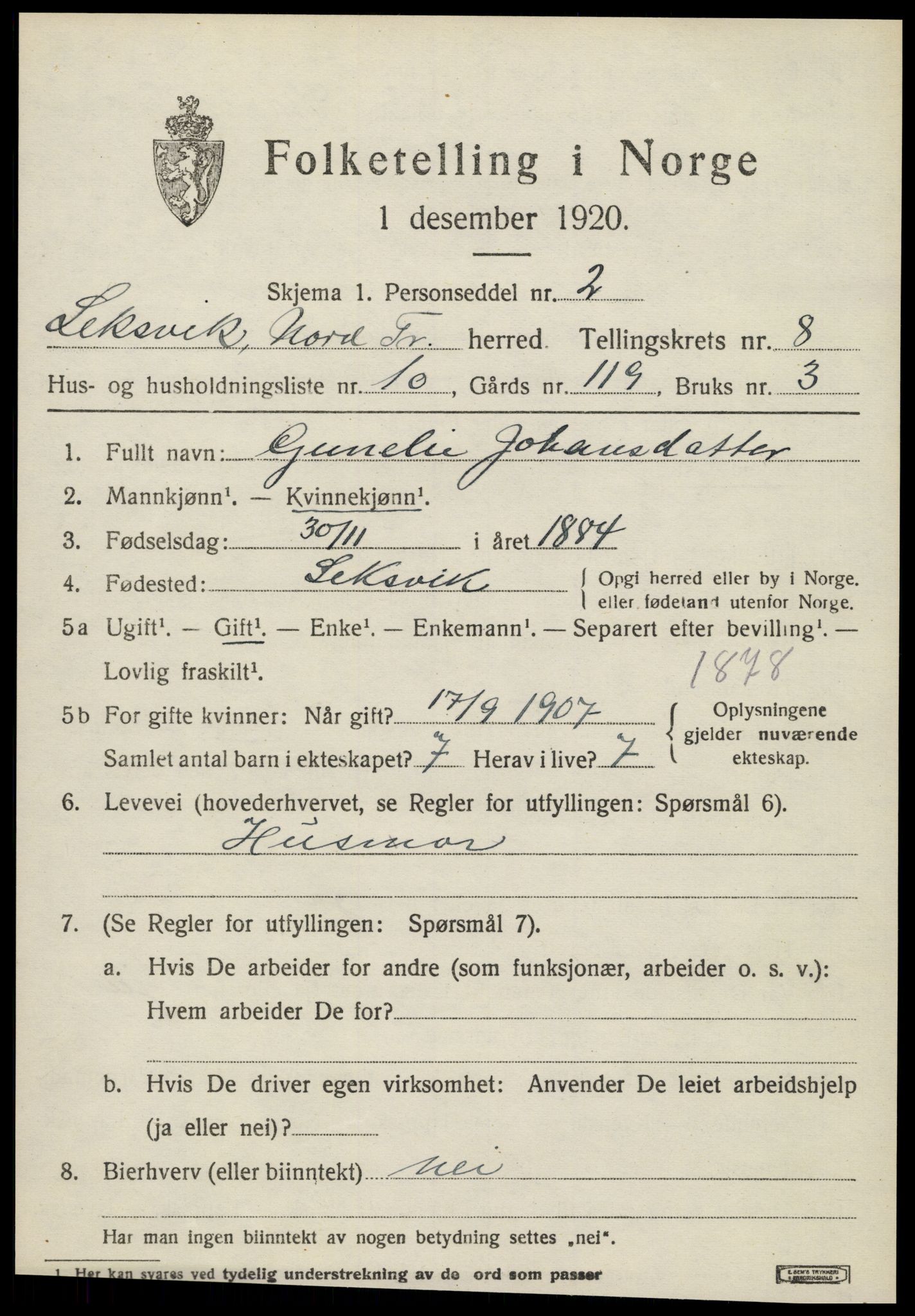 SAT, 1920 census for Leksvik, 1920, p. 6662