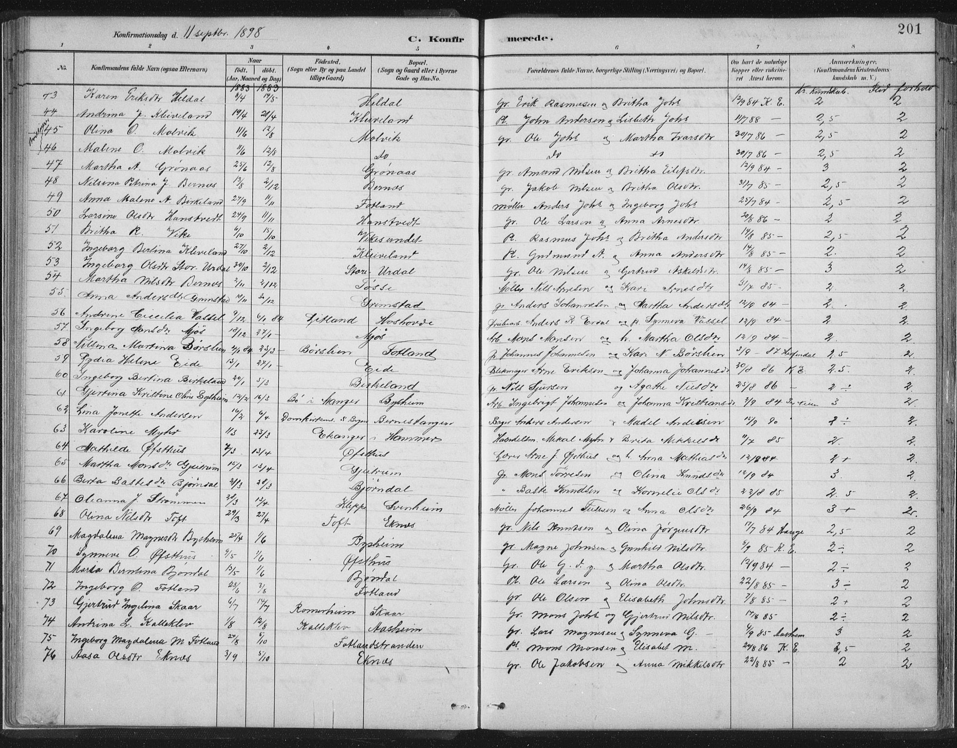Hosanger sokneprestembete, SAB/A-75801/H/Hab: Parish register (copy) no. A 3 II, 1882-1903, p. 201