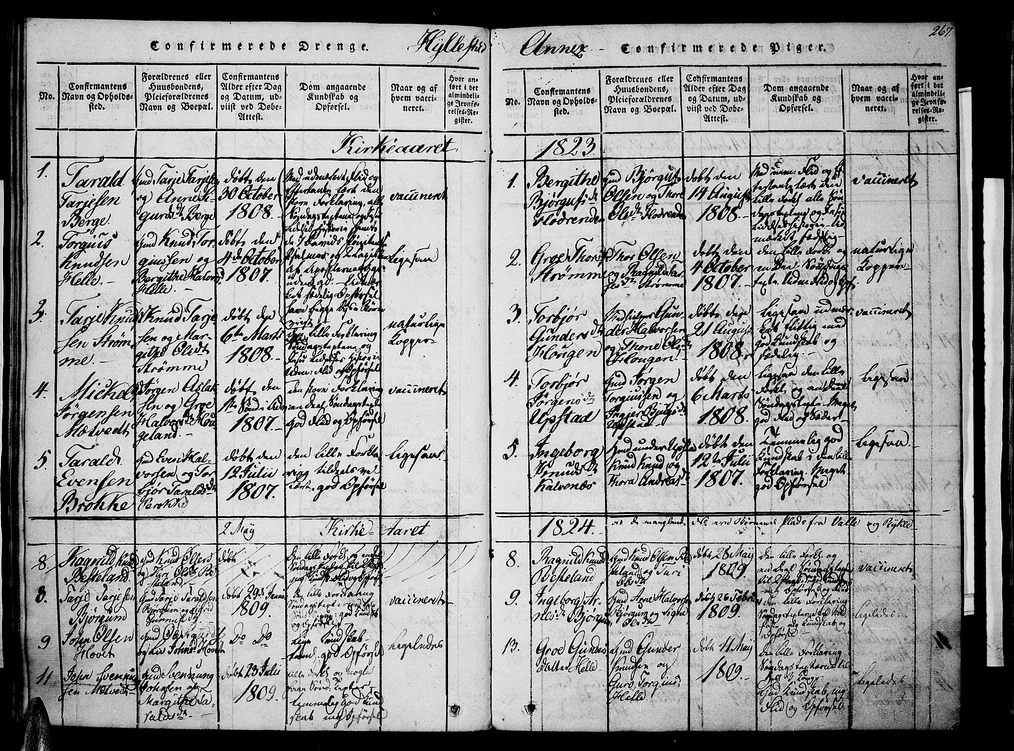 Valle sokneprestkontor, AV/SAK-1111-0044/F/Fa/Fac/L0005: Parish register (official) no. A 5 /2, 1817-1831, p. 267