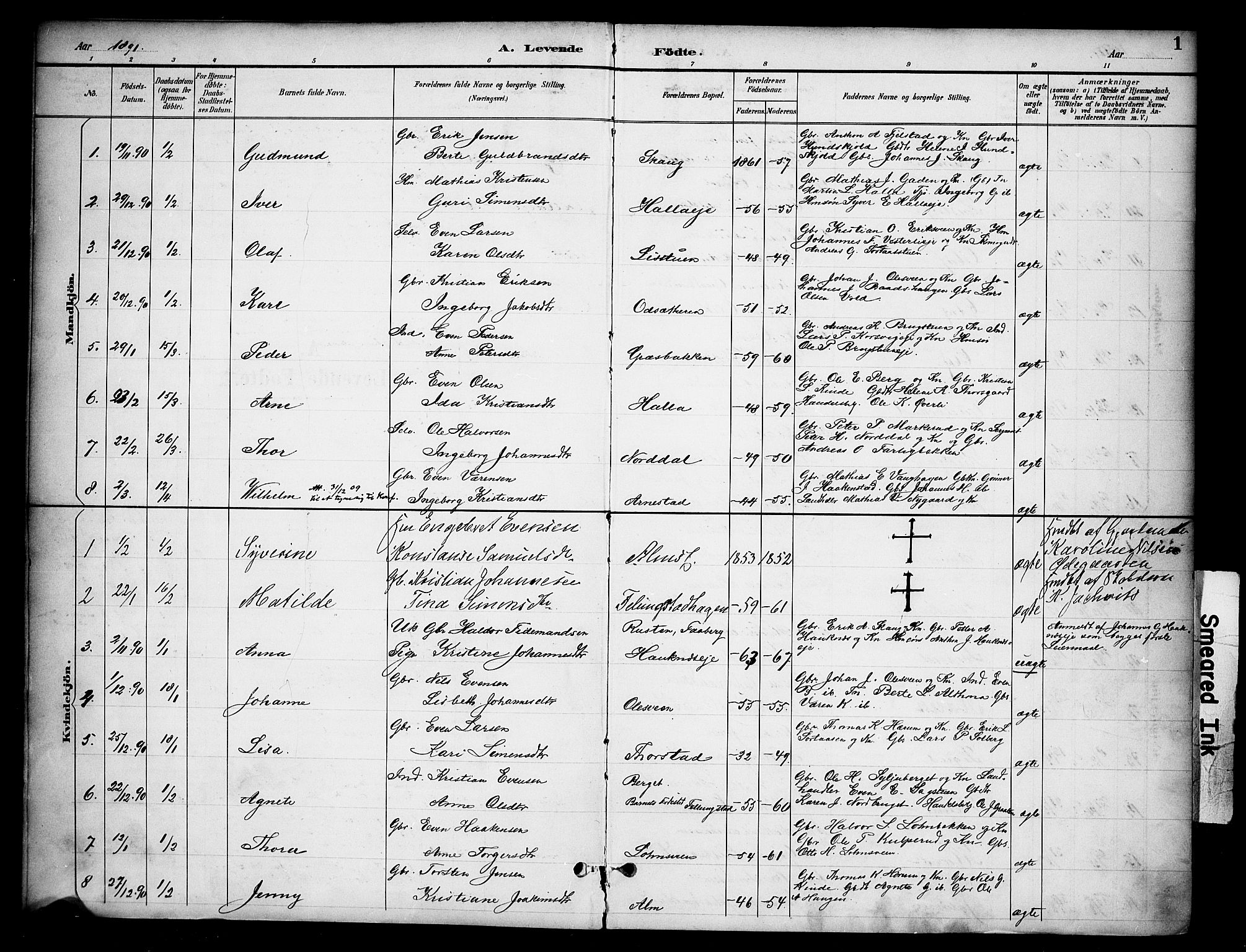 Ringsaker prestekontor, AV/SAH-PREST-014/K/Ka/L0015: Parish register (official) no. 15, 1891-1904, p. 1