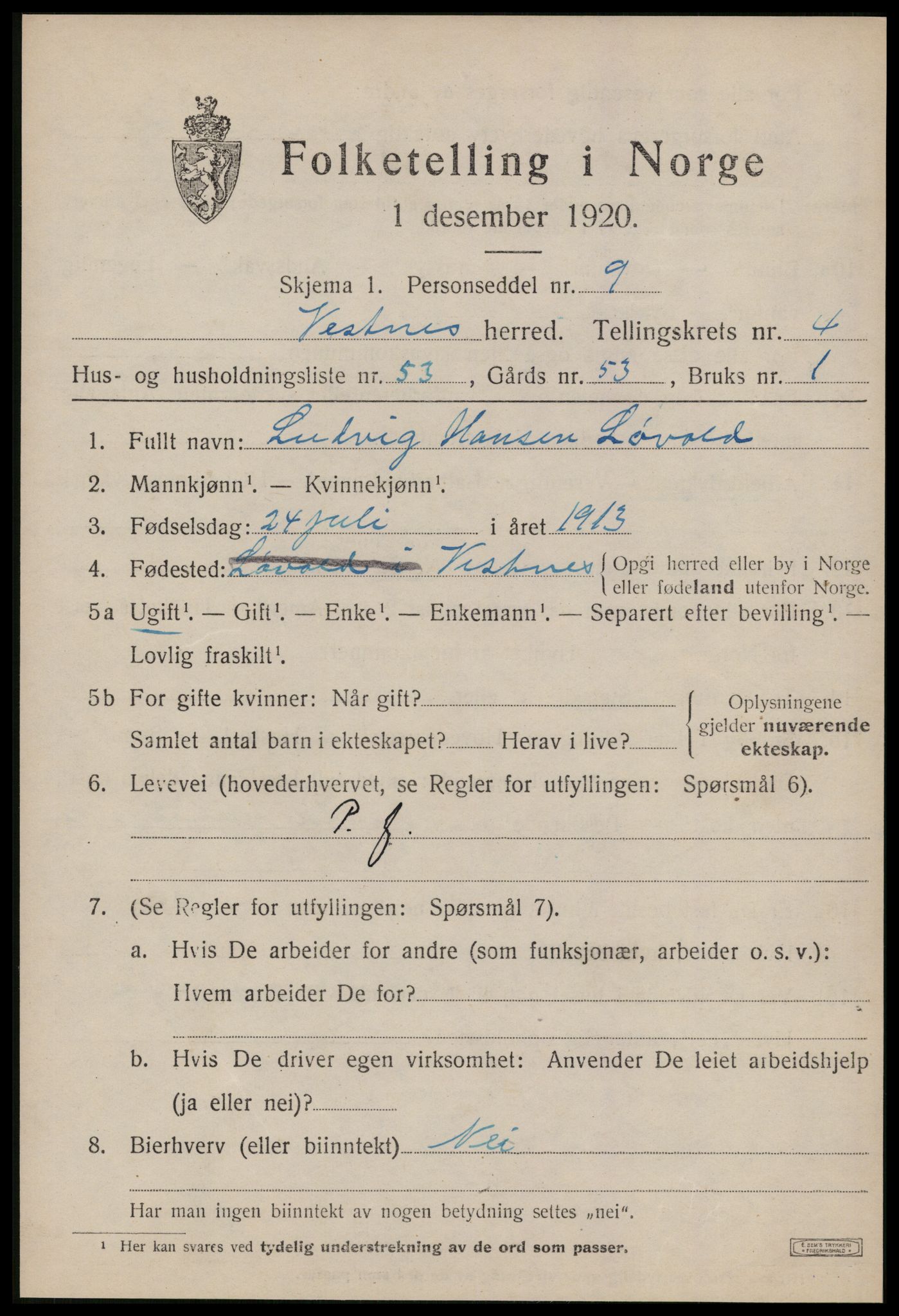 SAT, 1920 census for Vestnes, 1920, p. 3893