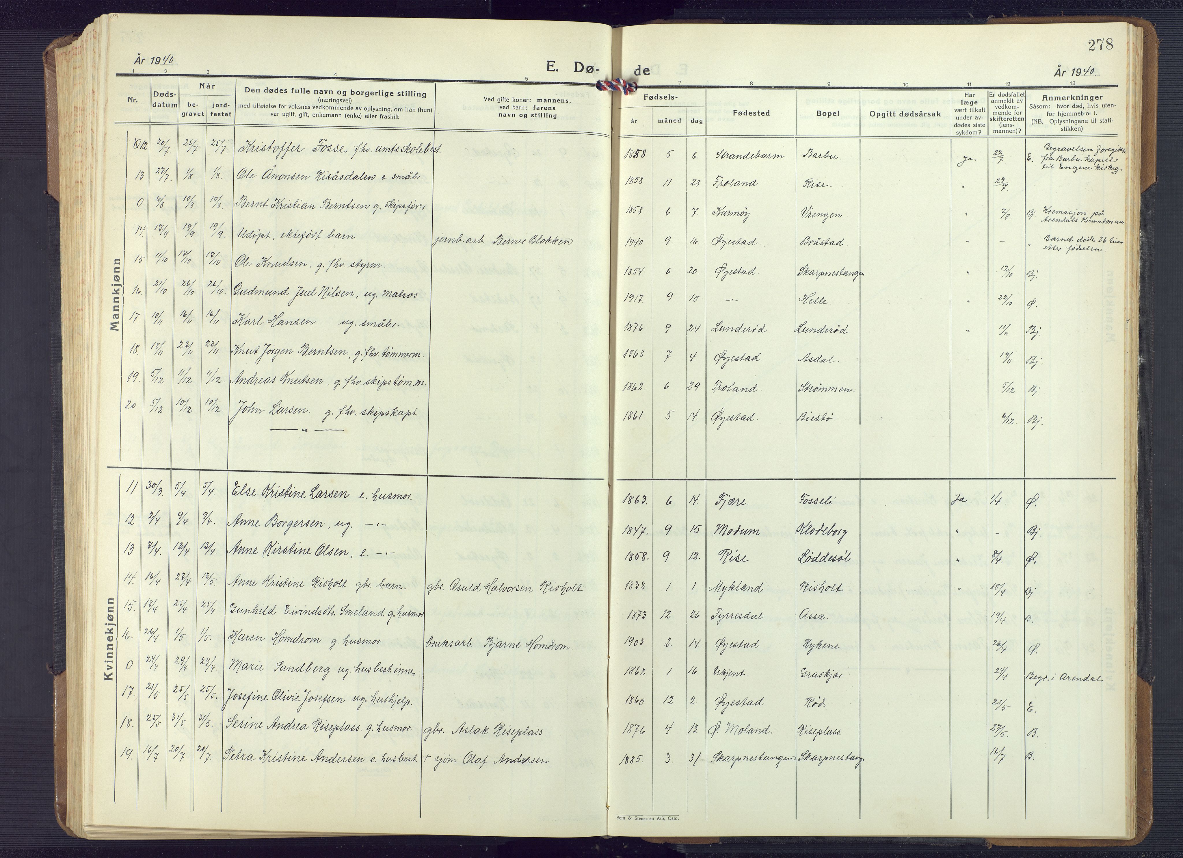 Øyestad sokneprestkontor, AV/SAK-1111-0049/F/Fb/L0013: Parish register (copy) no. B 13, 1933-1945, p. 278