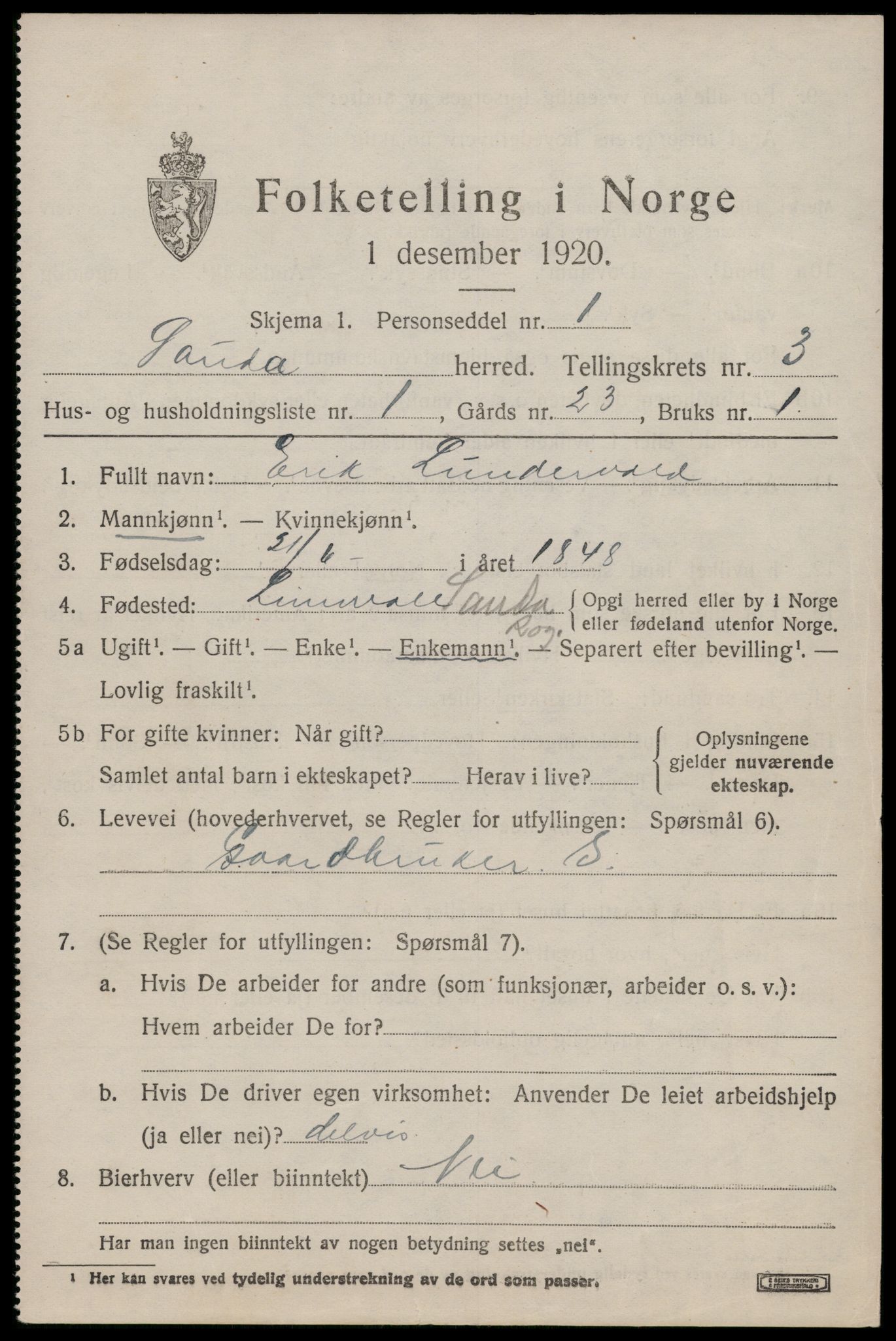 SAST, 1920 census for Sauda, 1920, p. 1114