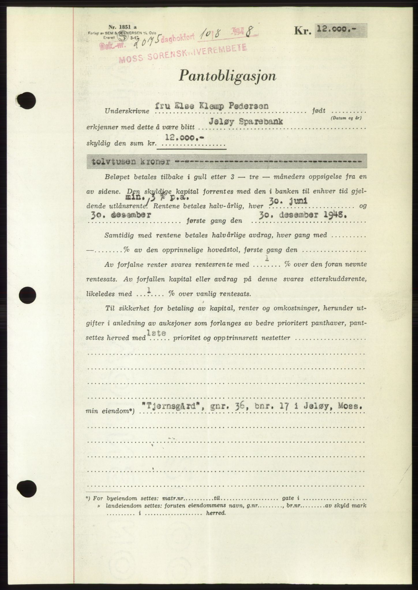 Moss sorenskriveri, AV/SAO-A-10168: Mortgage book no. B20, 1948-1948, Diary no: : 2075/1948