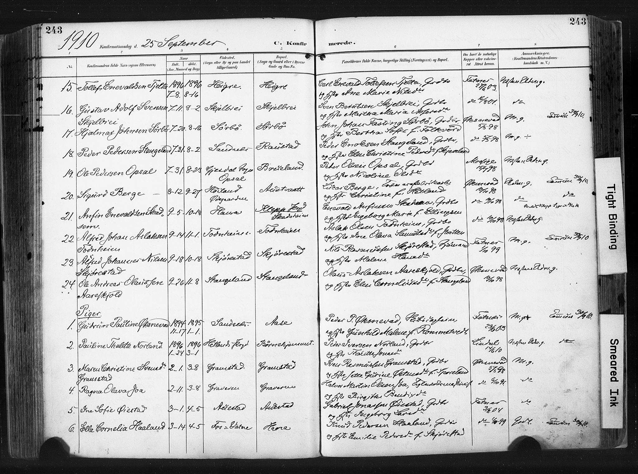 Høyland sokneprestkontor, AV/SAST-A-101799/001/30BA/L0015: Parish register (official) no. A 14, 1899-1911, p. 243