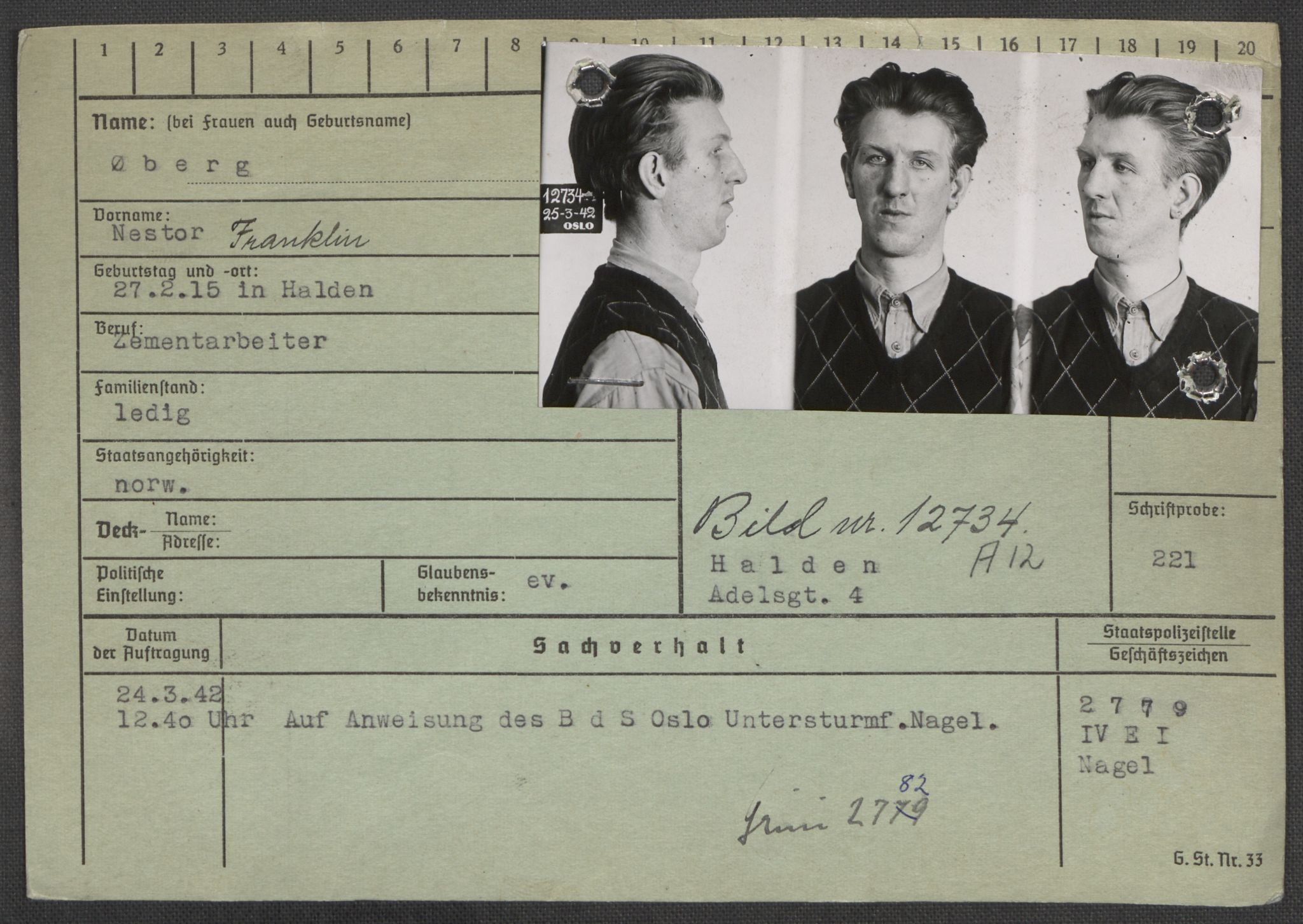 Befehlshaber der Sicherheitspolizei und des SD, RA/RAFA-5969/E/Ea/Eaa/L0010: Register over norske fanger i Møllergata 19: Sø-Å, 1940-1945, p. 1206