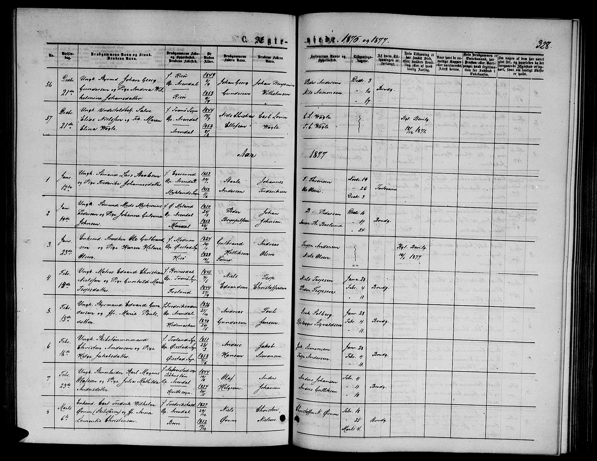 Arendal sokneprestkontor, Trefoldighet, AV/SAK-1111-0040/F/Fb/L0005: Parish register (copy) no. B 5, 1874-1888, p. 328