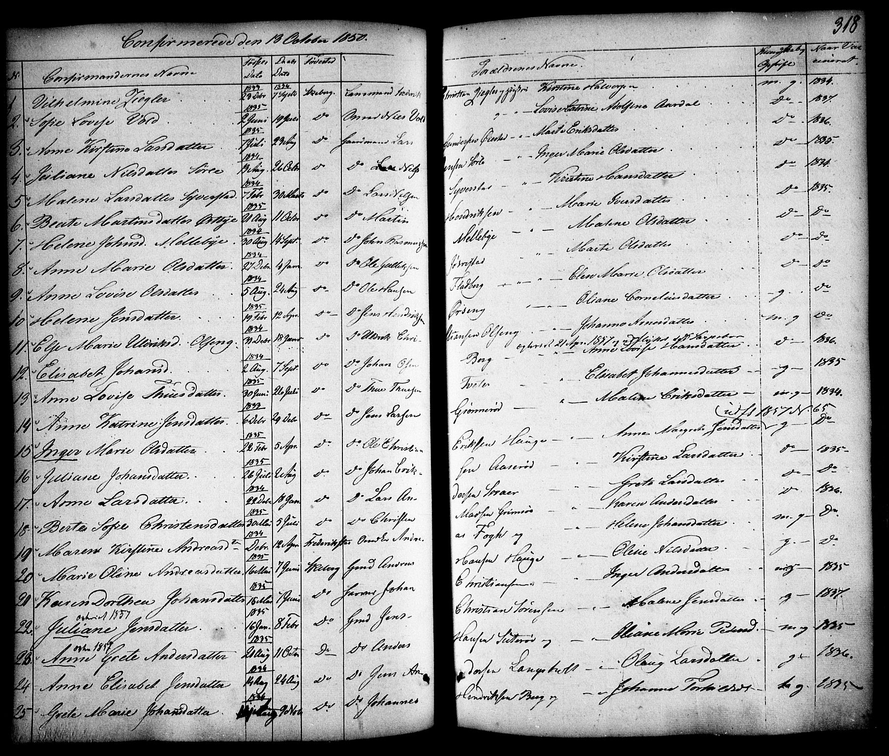 Skjeberg prestekontor Kirkebøker, AV/SAO-A-10923/F/Fa/L0006: Parish register (official) no. I 6, 1846-1858, p. 318