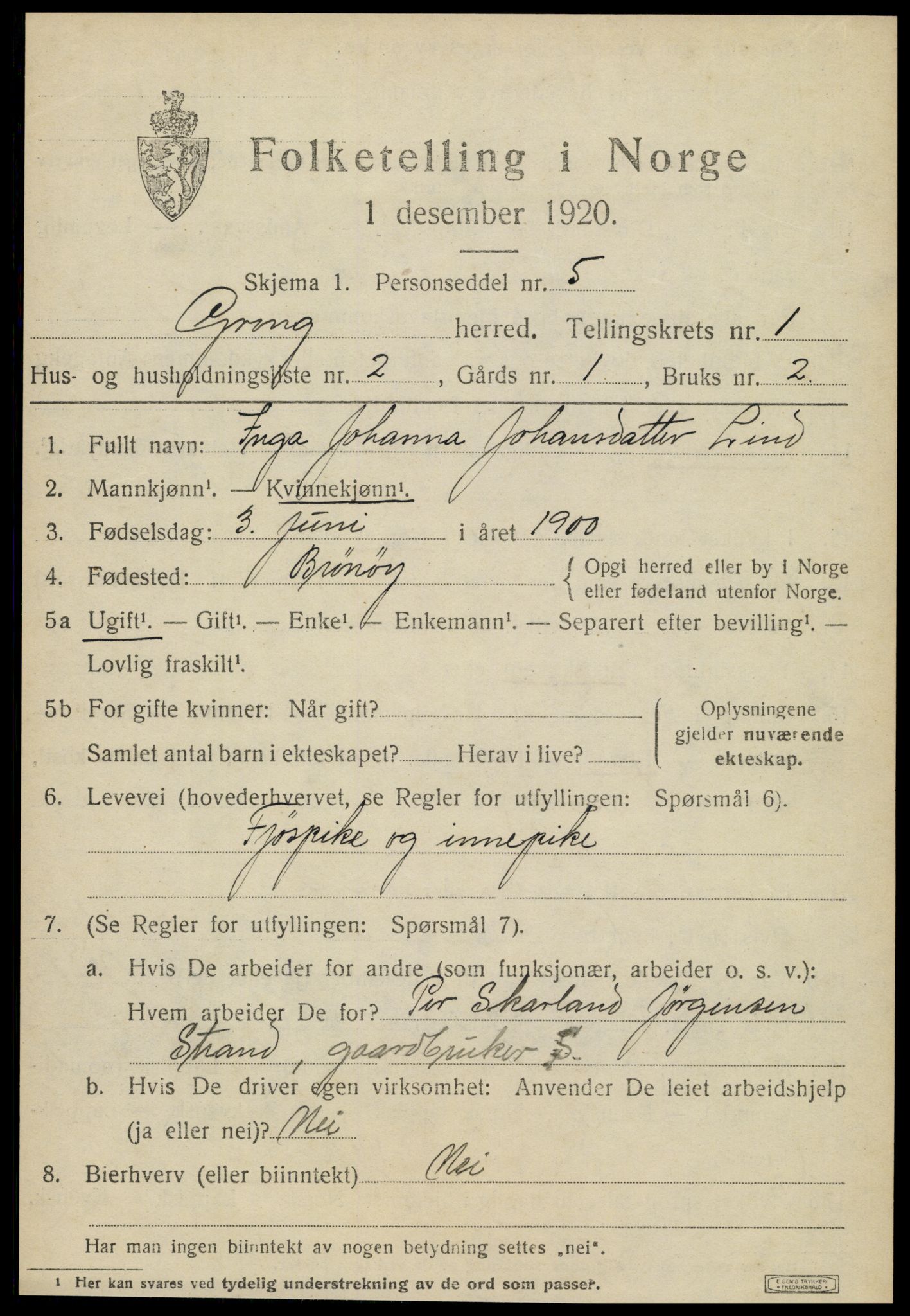 SAT, 1920 census for Grong, 1920, p. 1061