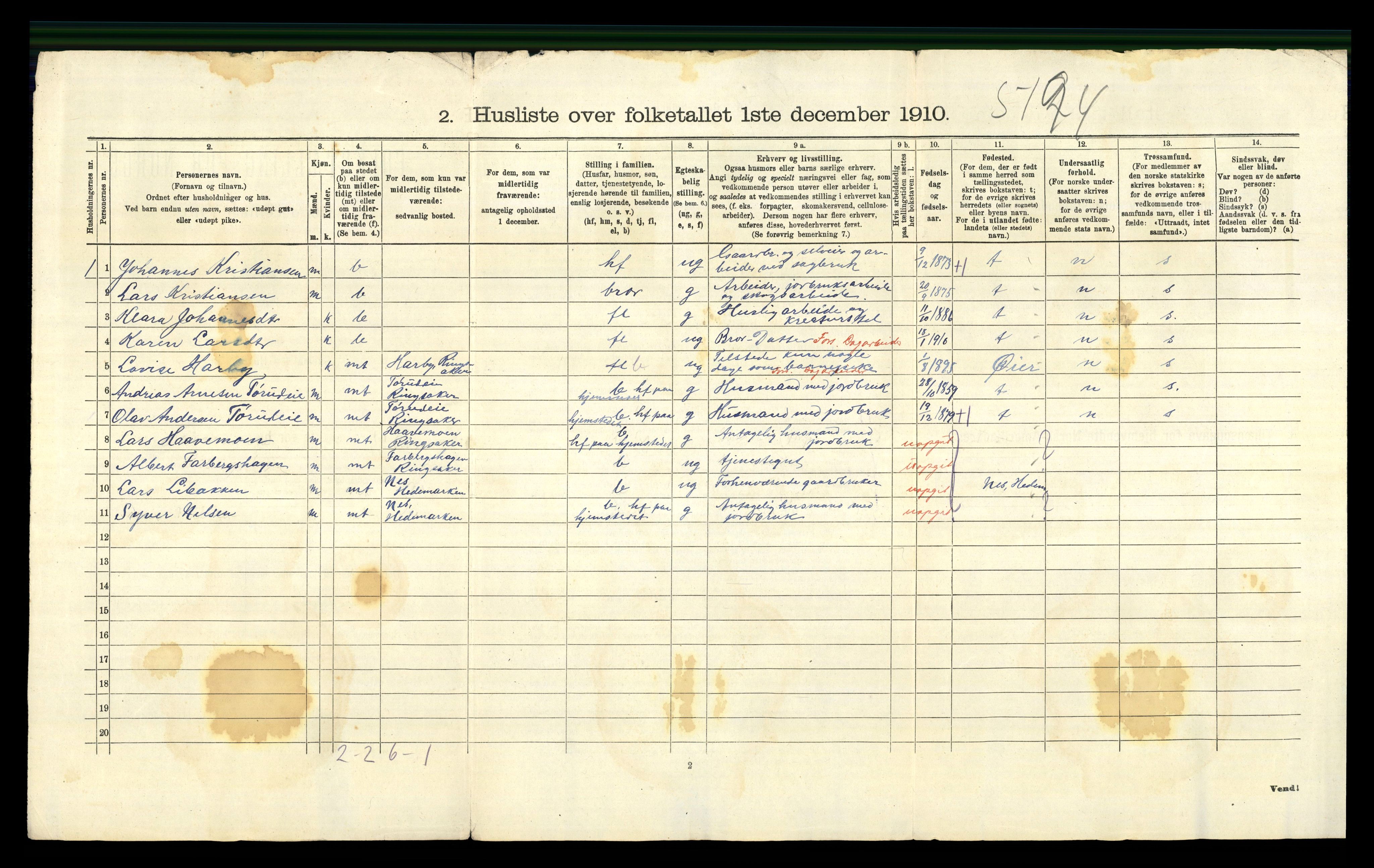 RA, 1910 census for Ringsaker, 1910, p. 1450