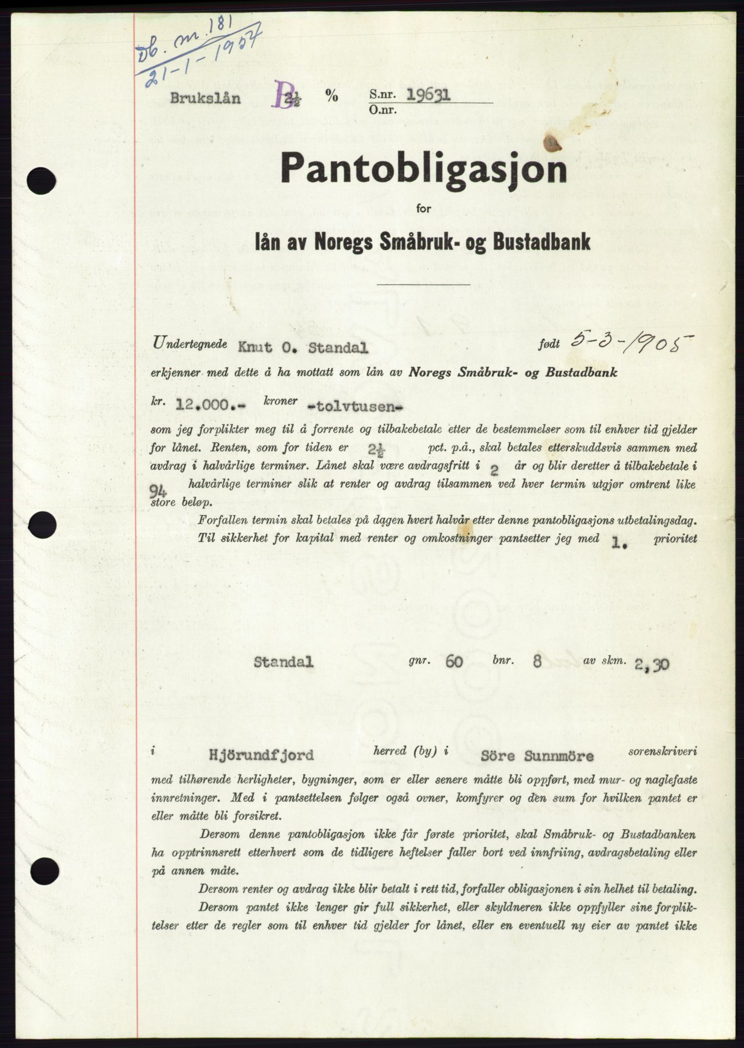 Søre Sunnmøre sorenskriveri, AV/SAT-A-4122/1/2/2C/L0124: Mortgage book no. 12B, 1953-1954, Diary no: : 181/1954