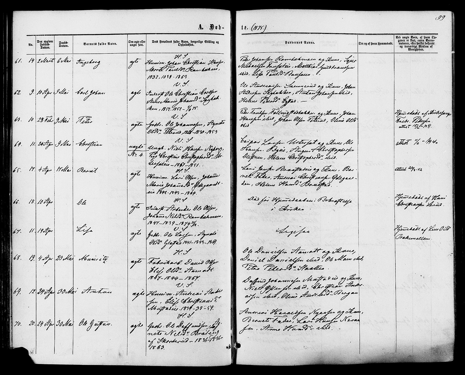 Vardal prestekontor, AV/SAH-PREST-100/H/Ha/Haa/L0007: Parish register (official) no. 7, 1867-1878, p. 99