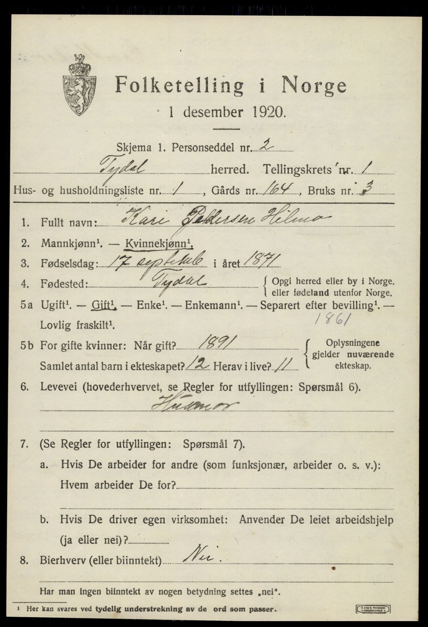 SAT, 1920 census for Tydal, 1920, p. 311