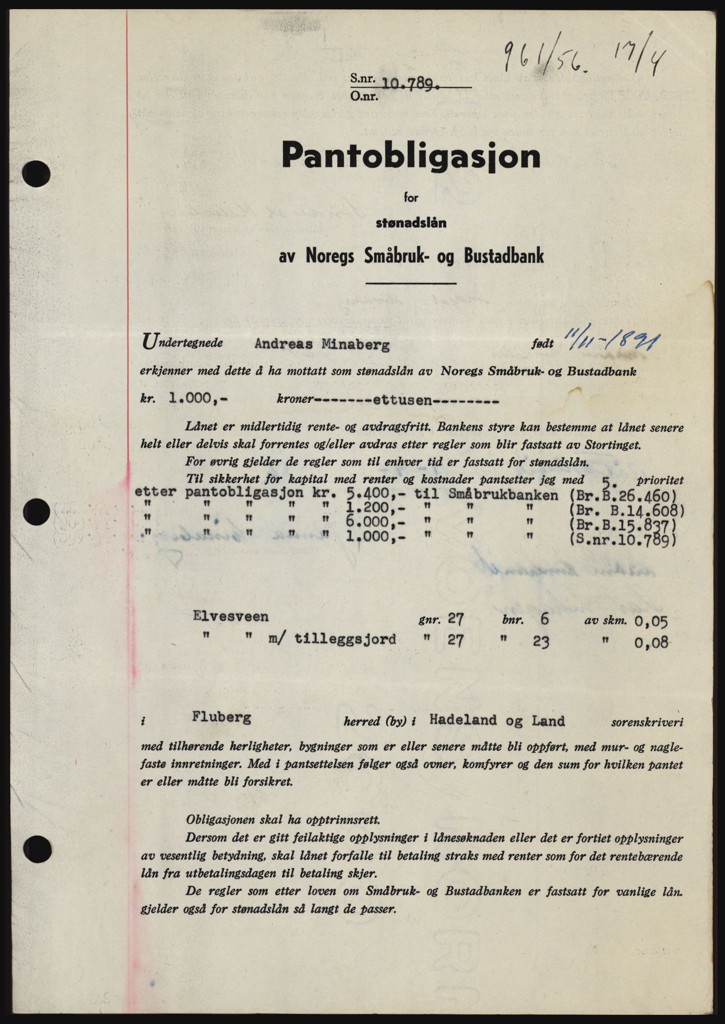 Hadeland og Land tingrett, SAH/TING-010/H/Hb/Hbc/L0034: Mortgage book no. B34, 1956-1956, Diary no: : 961/1956