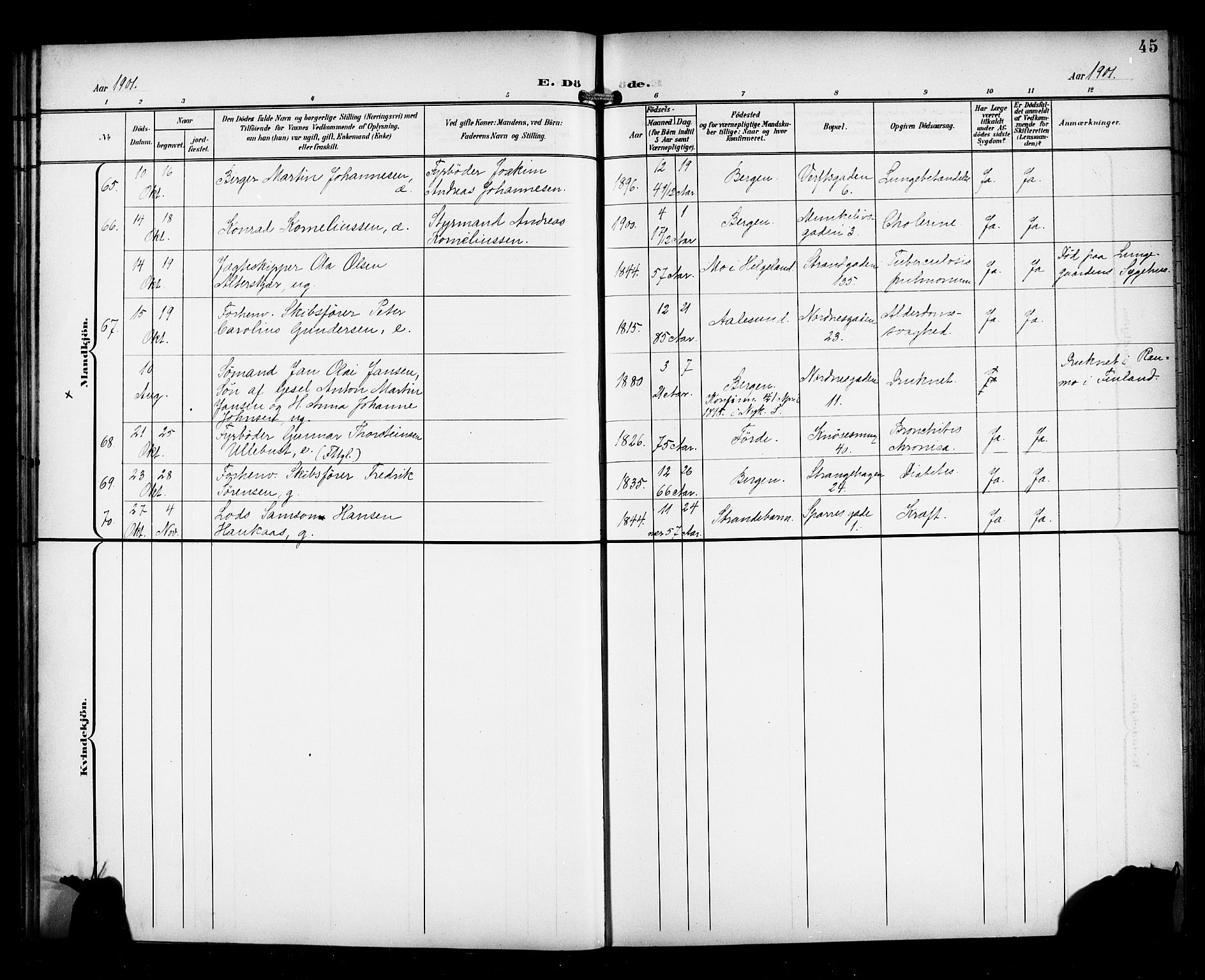 Nykirken Sokneprestembete, AV/SAB-A-77101/H/Haa/L0045: Parish register (official) no. E 5, 1899-1917, p. 45