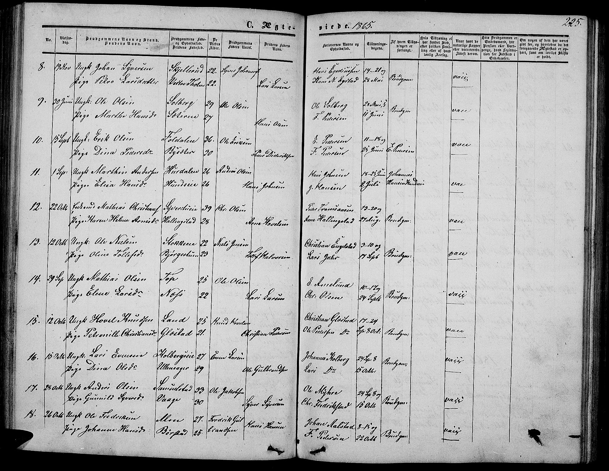 Vardal prestekontor, SAH/PREST-100/H/Ha/Hab/L0005: Parish register (copy) no. 5, 1854-1868, p. 225