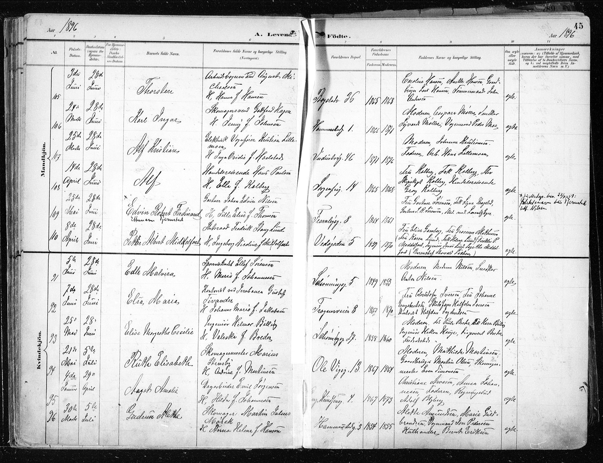 Uranienborg prestekontor Kirkebøker, SAO/A-10877/F/Fa/L0005: Parish register (official) no. 5, 1895-1907, p. 45