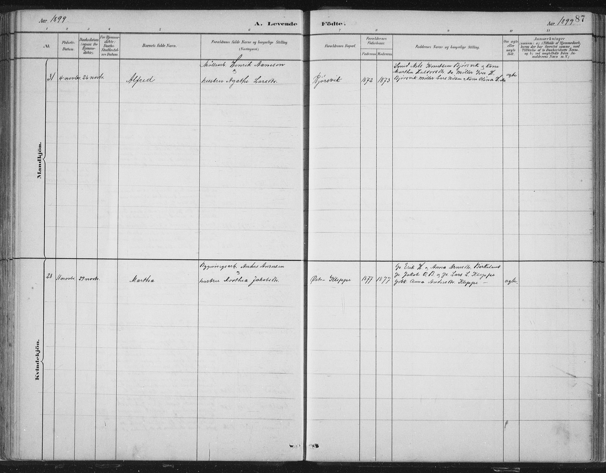 Hosanger sokneprestembete, SAB/A-75801/H/Hab: Parish register (copy) no. A 3 I, 1882-1903, p. 87