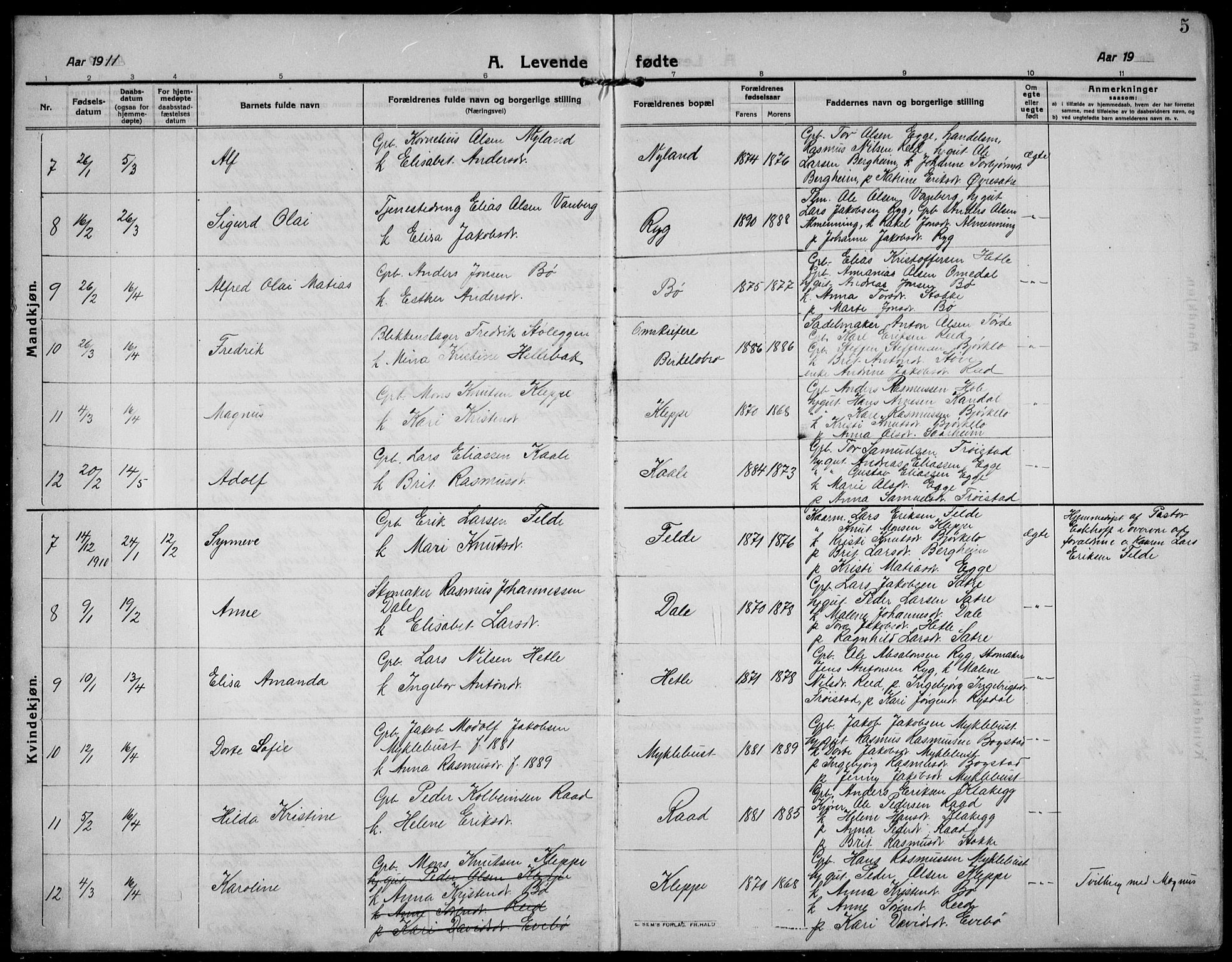 Gloppen sokneprestembete, AV/SAB-A-80101/H/Hab/Habc/L0003: Parish register (copy) no. C 3, 1911-1938, p. 5