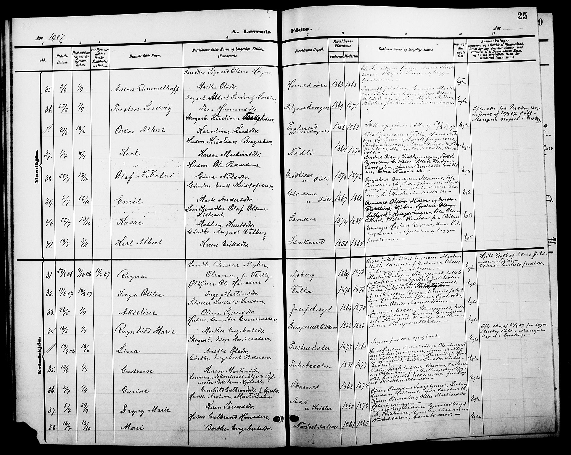 Sør-Odal prestekontor, AV/SAH-PREST-030/H/Ha/Hab/L0005: Parish register (copy) no. 5, 1903-1915, p. 25