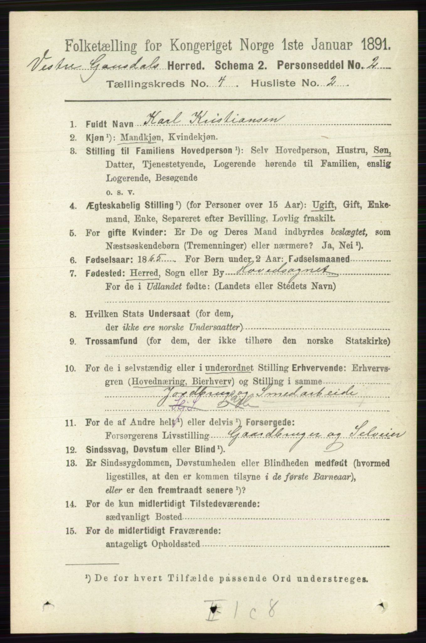 RA, 1891 census for 0523 Vestre Gausdal, 1891, p. 1718