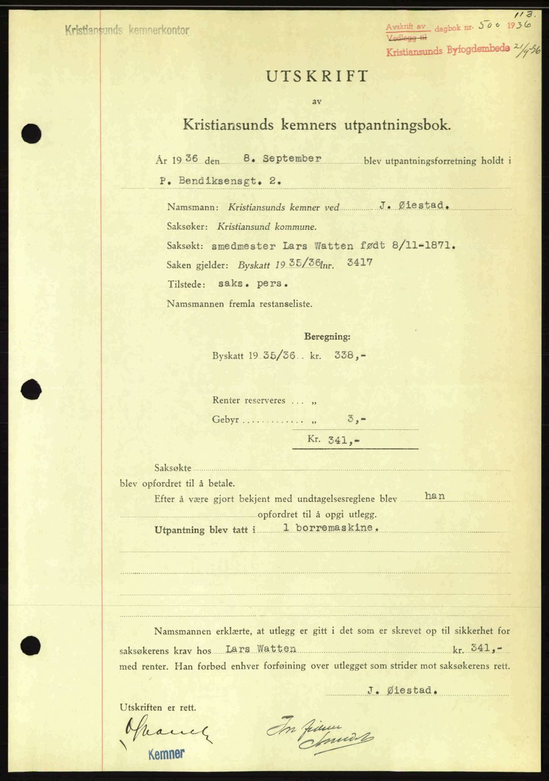 Kristiansund byfogd, AV/SAT-A-4587/A/27: Mortgage book no. 29, 1936-1937, Diary no: : 500/1936