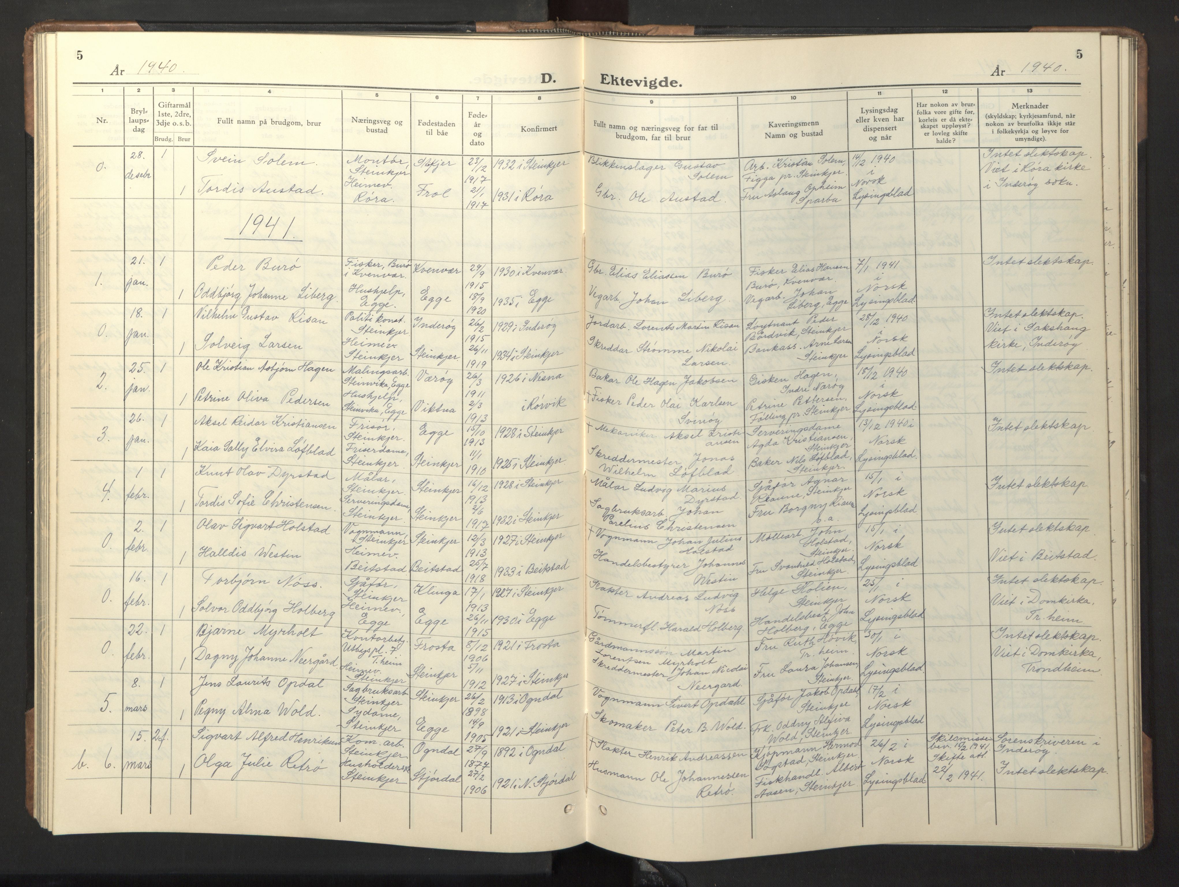 Ministerialprotokoller, klokkerbøker og fødselsregistre - Nord-Trøndelag, SAT/A-1458/739/L0377: Parish register (copy) no. 739C05, 1940-1947, p. 5