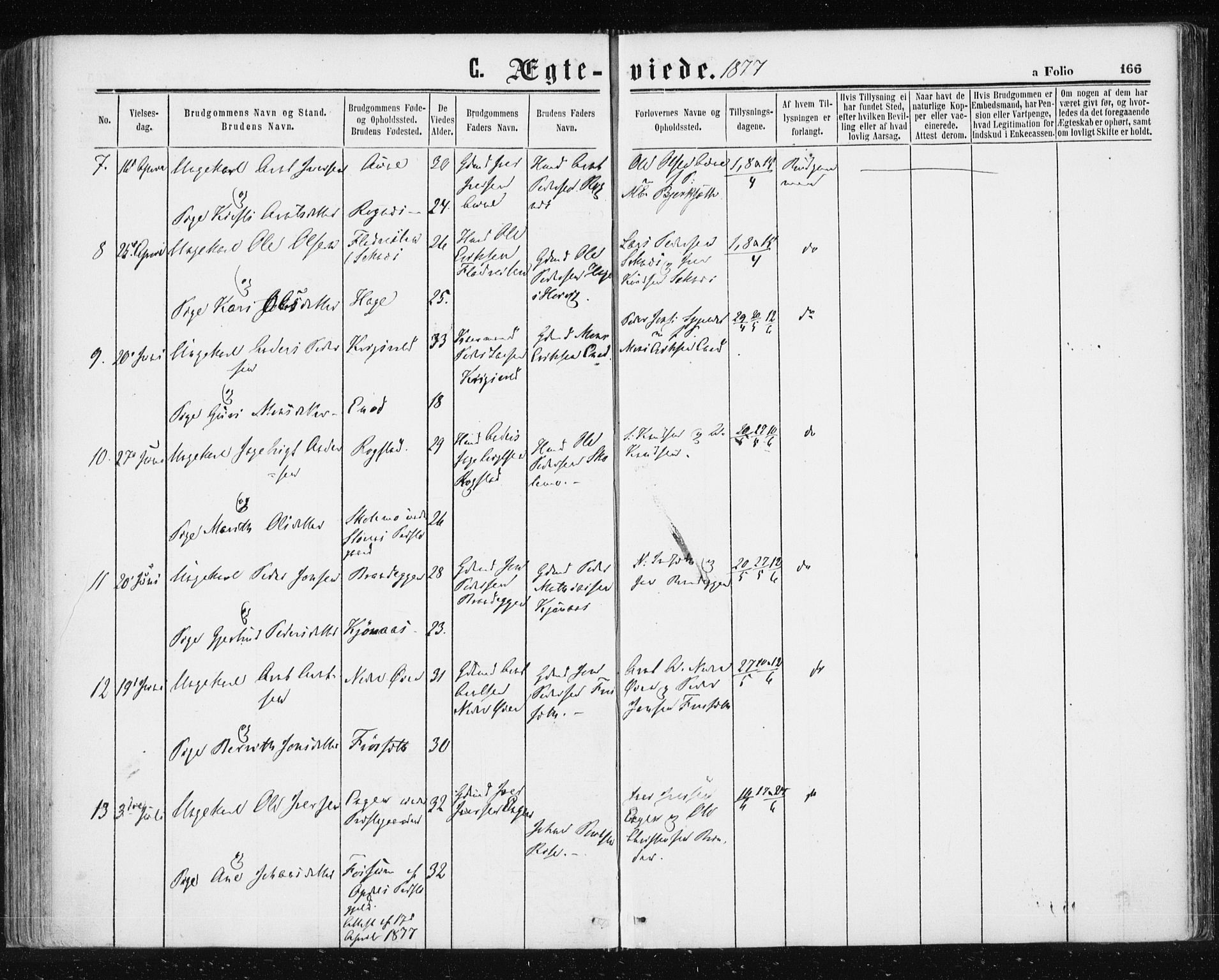 Ministerialprotokoller, klokkerbøker og fødselsregistre - Sør-Trøndelag, AV/SAT-A-1456/687/L1001: Parish register (official) no. 687A07, 1863-1878, p. 166