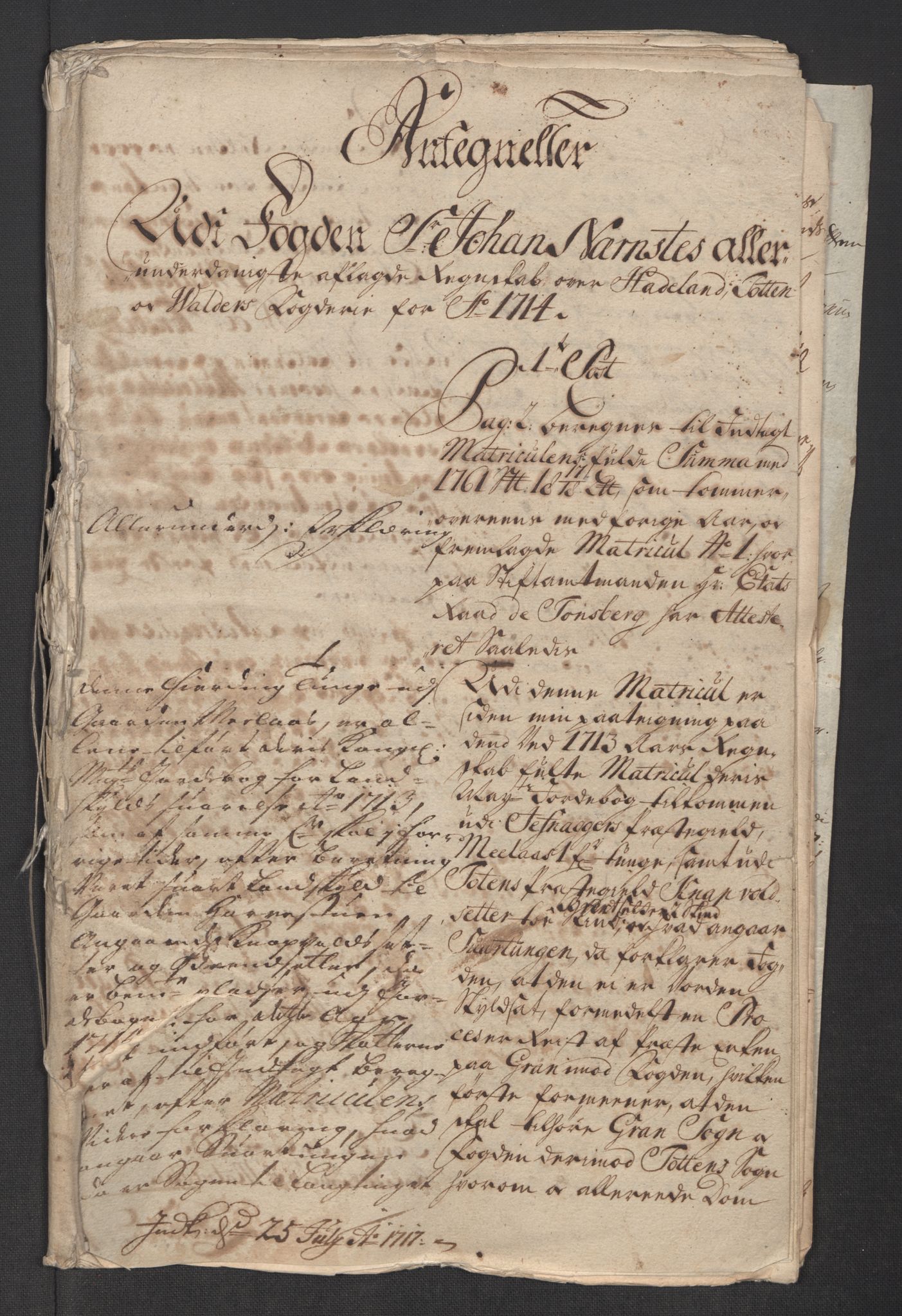 Rentekammeret inntil 1814, Reviderte regnskaper, Fogderegnskap, AV/RA-EA-4092/R18/L1313: Fogderegnskap Hadeland, Toten og Valdres, 1714, p. 227