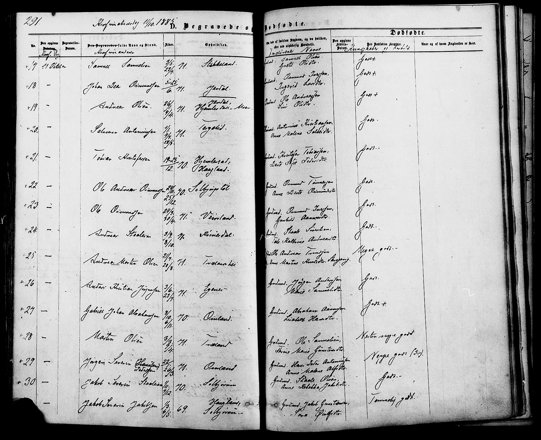Kvinesdal sokneprestkontor, SAK/1111-0026/F/Fa/Fab/L0007: Parish register (official) no. A 7, 1870-1885, p. 291
