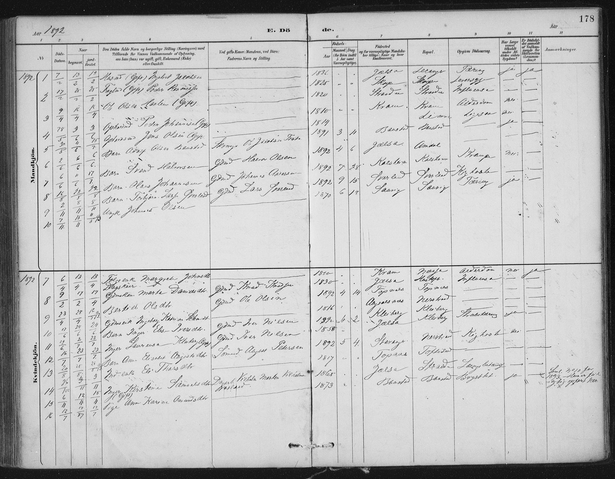 Nedstrand sokneprestkontor, AV/SAST-A-101841/01/IV: Parish register (official) no. A 12, 1887-1915, p. 178