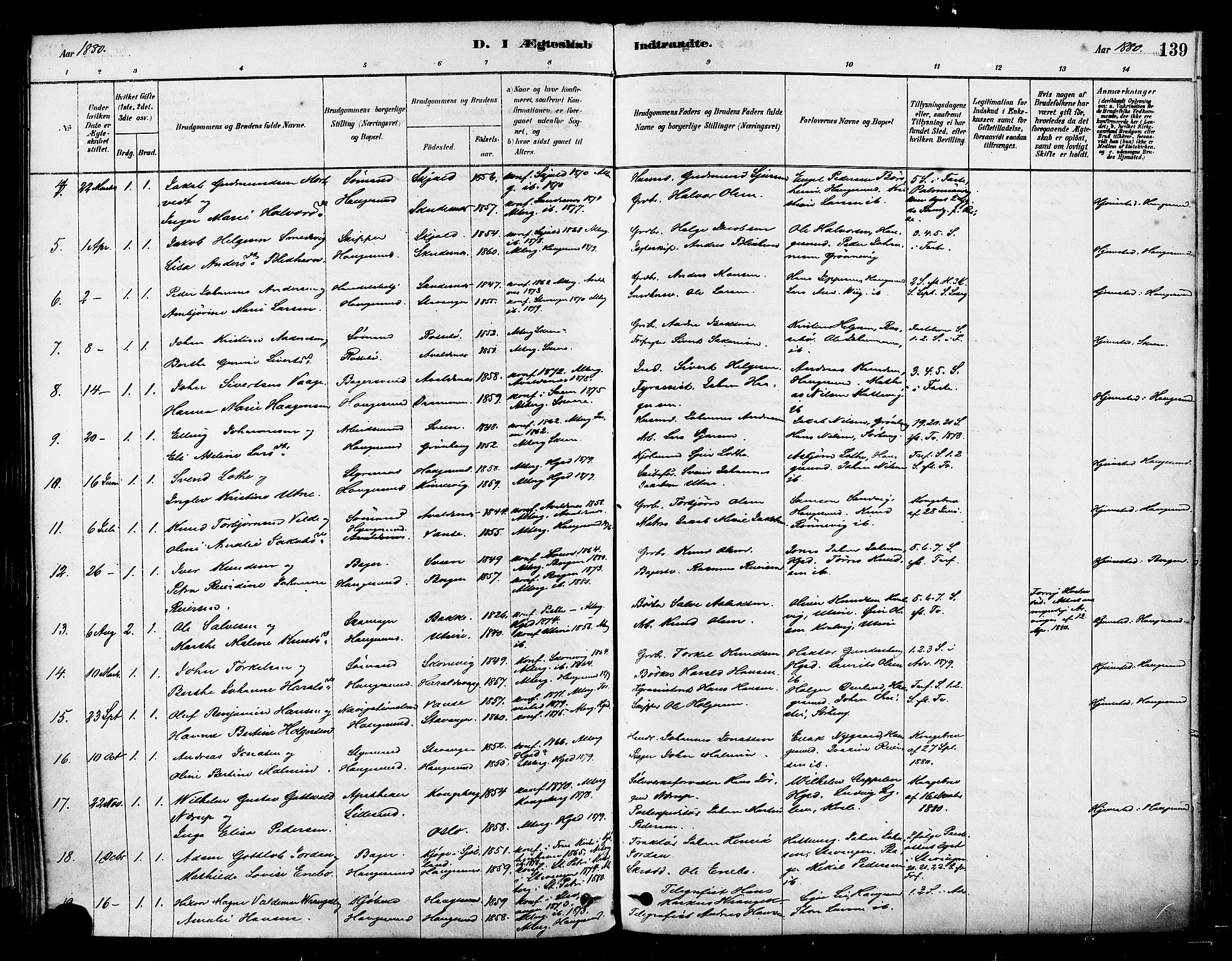 Haugesund sokneprestkontor, AV/SAST-A -101863/H/Ha/Haa/L0001: Parish register (official) no. A 1, 1878-1885, p. 139