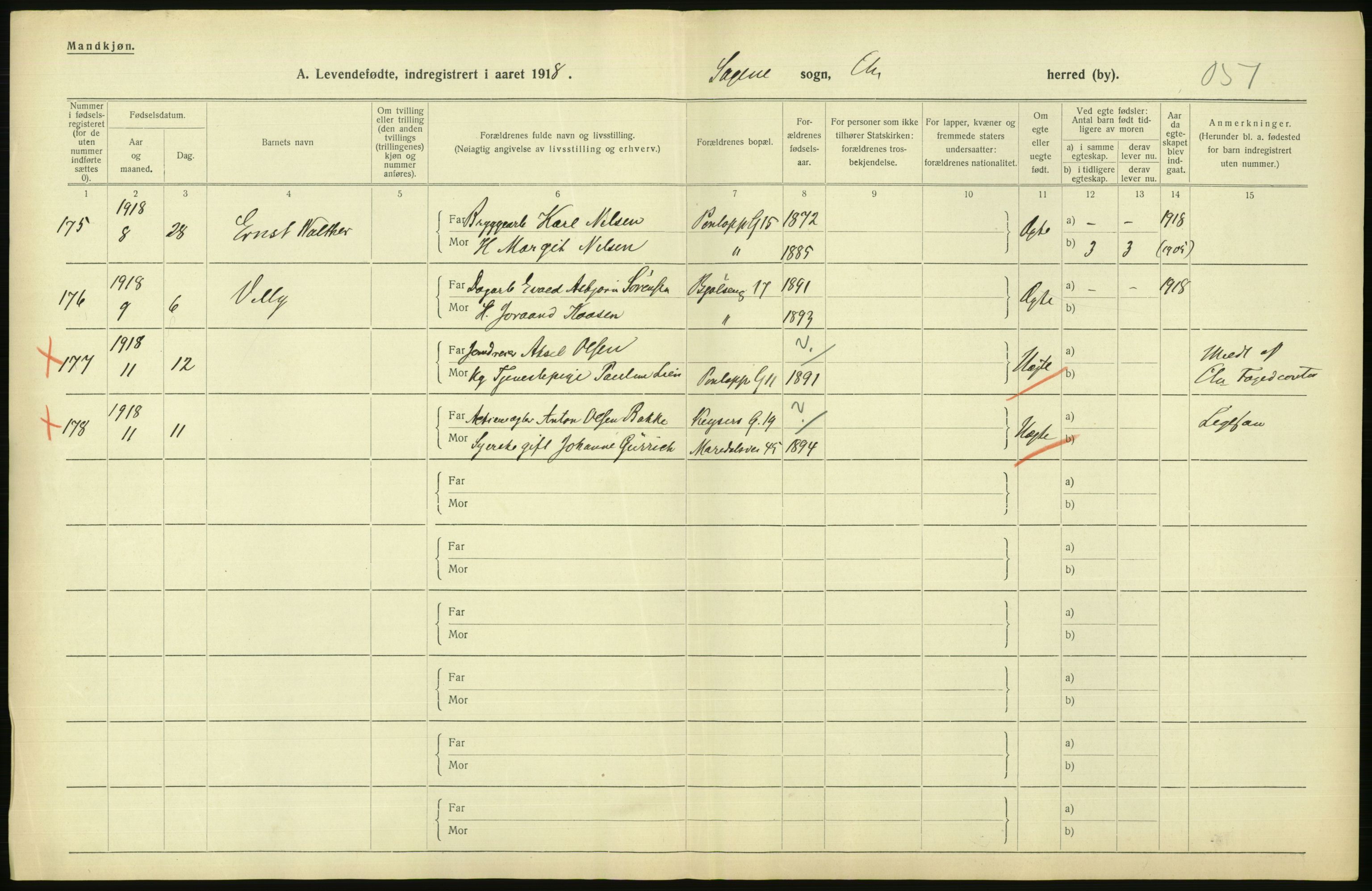 Statistisk sentralbyrå, Sosiodemografiske emner, Befolkning, AV/RA-S-2228/D/Df/Dfb/Dfbh/L0008: Kristiania: Levendefødte menn og kvinner., 1918, p. 848