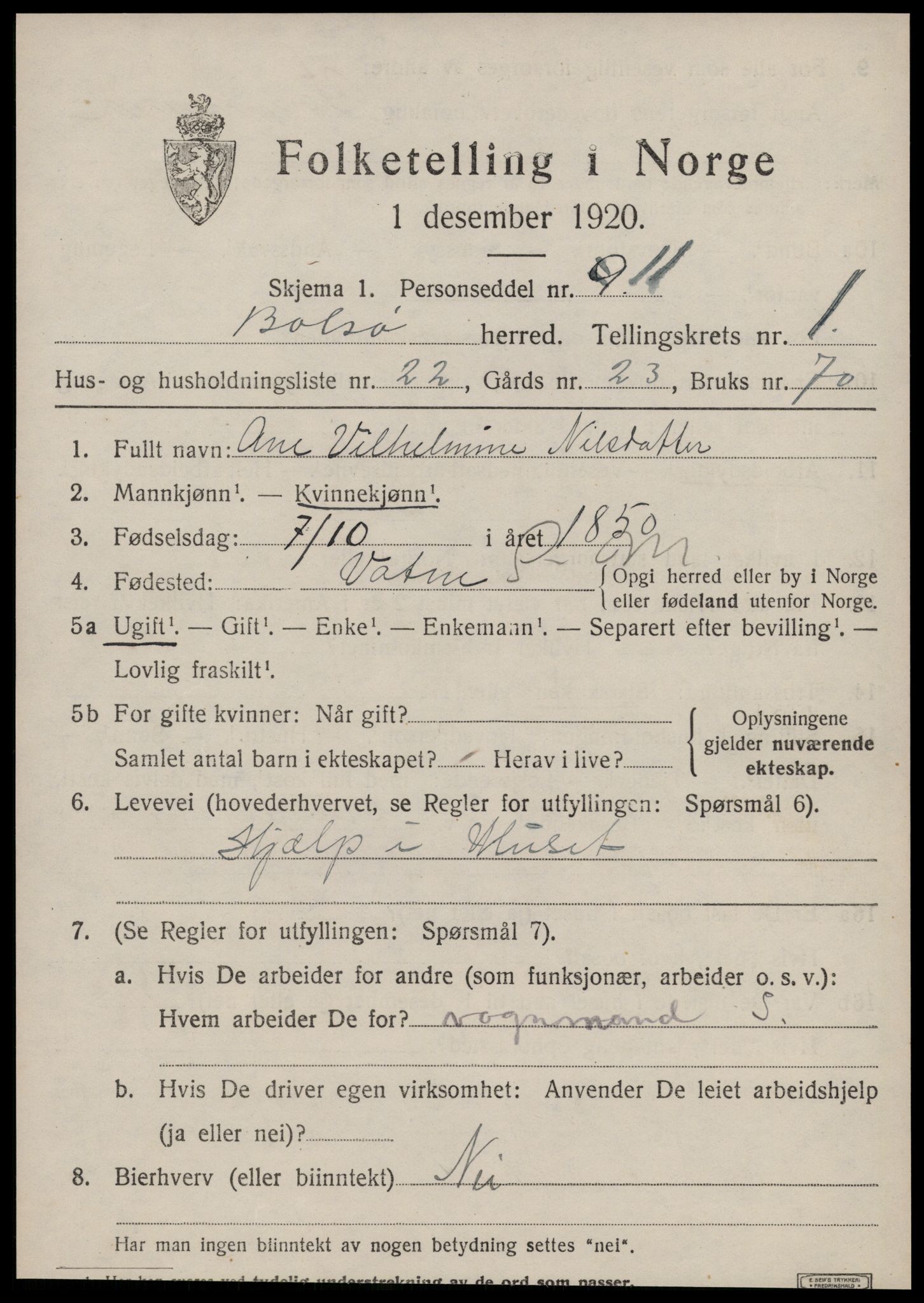 SAT, 1920 census for Bolsøy, 1920, p. 1869