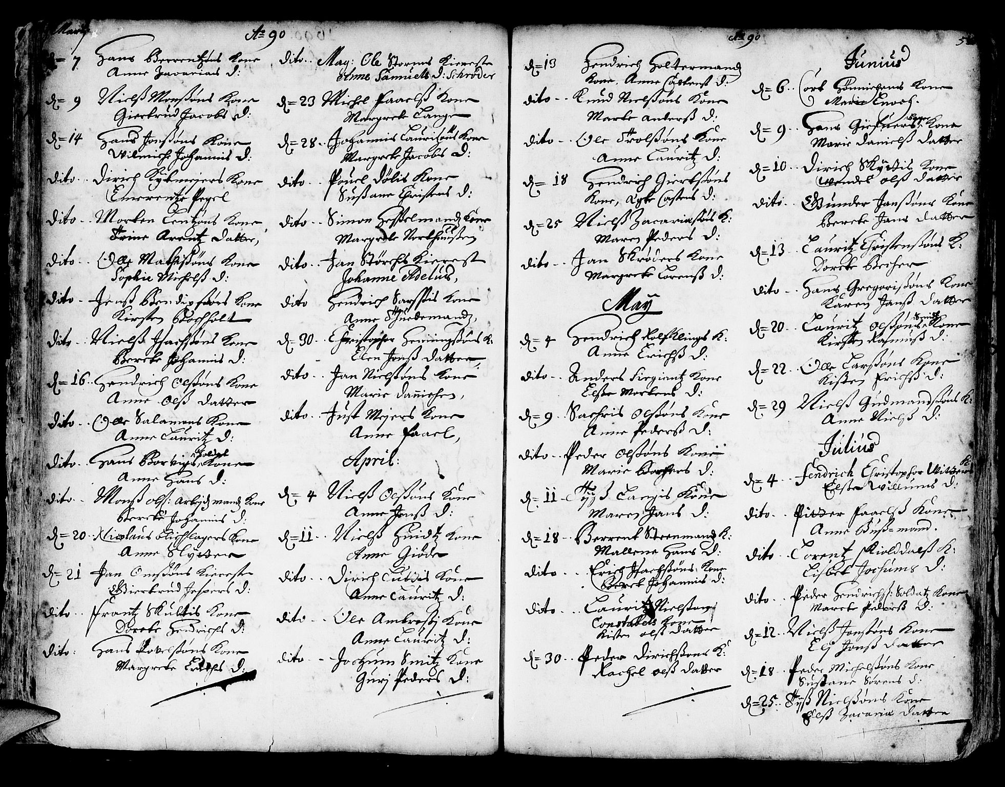 Korskirken sokneprestembete, AV/SAB-A-76101/H/Haa/L0002: Parish register (official) no. A 2, 1688-1697, p. 54-55