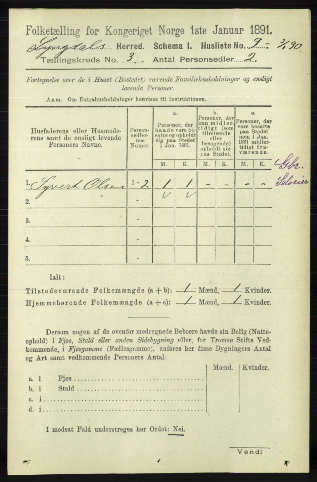RA, 1891 census for 1032 Lyngdal, 1891, p. 1038